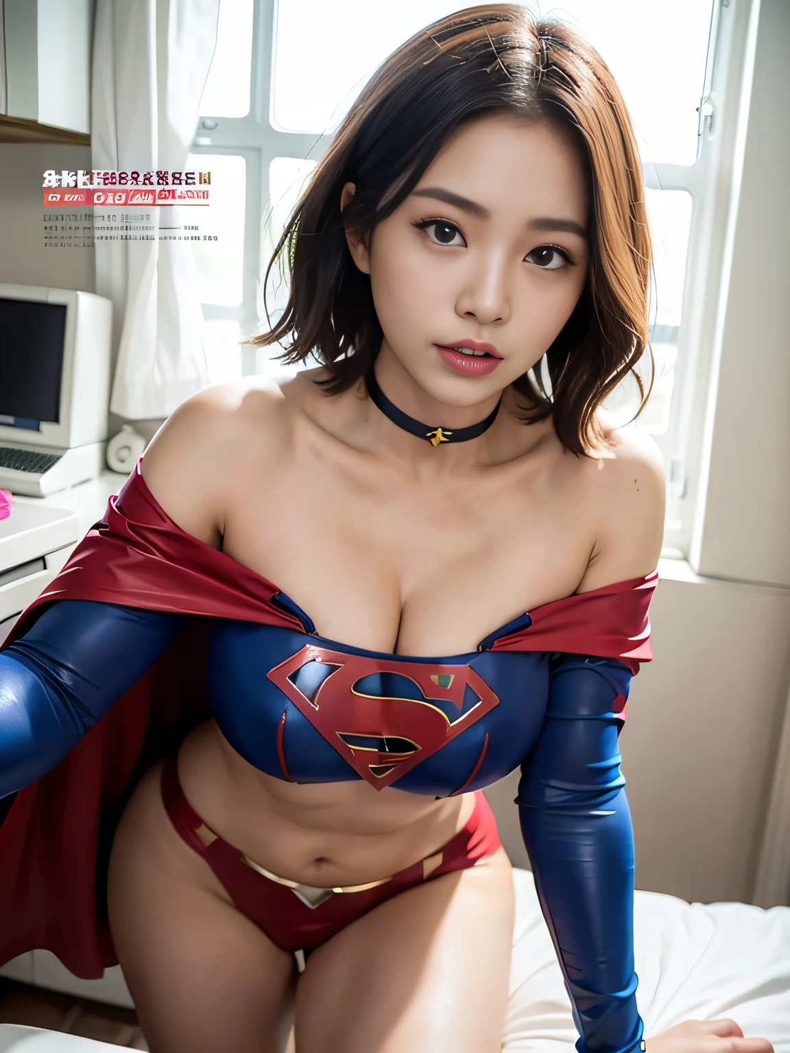 highest quality、masterpiece,Short-haired Supergirl sleeping in the operating room、plump breasts、look at the camera、choker、long sleeve、barefoot、magazine cover、High leg、red mini skirt、tight costume、confused、wide open legs、obscene、Show a glimpse、Glamorous、off shoulder、model body shape、Oily Skin、charm、charming、abused、