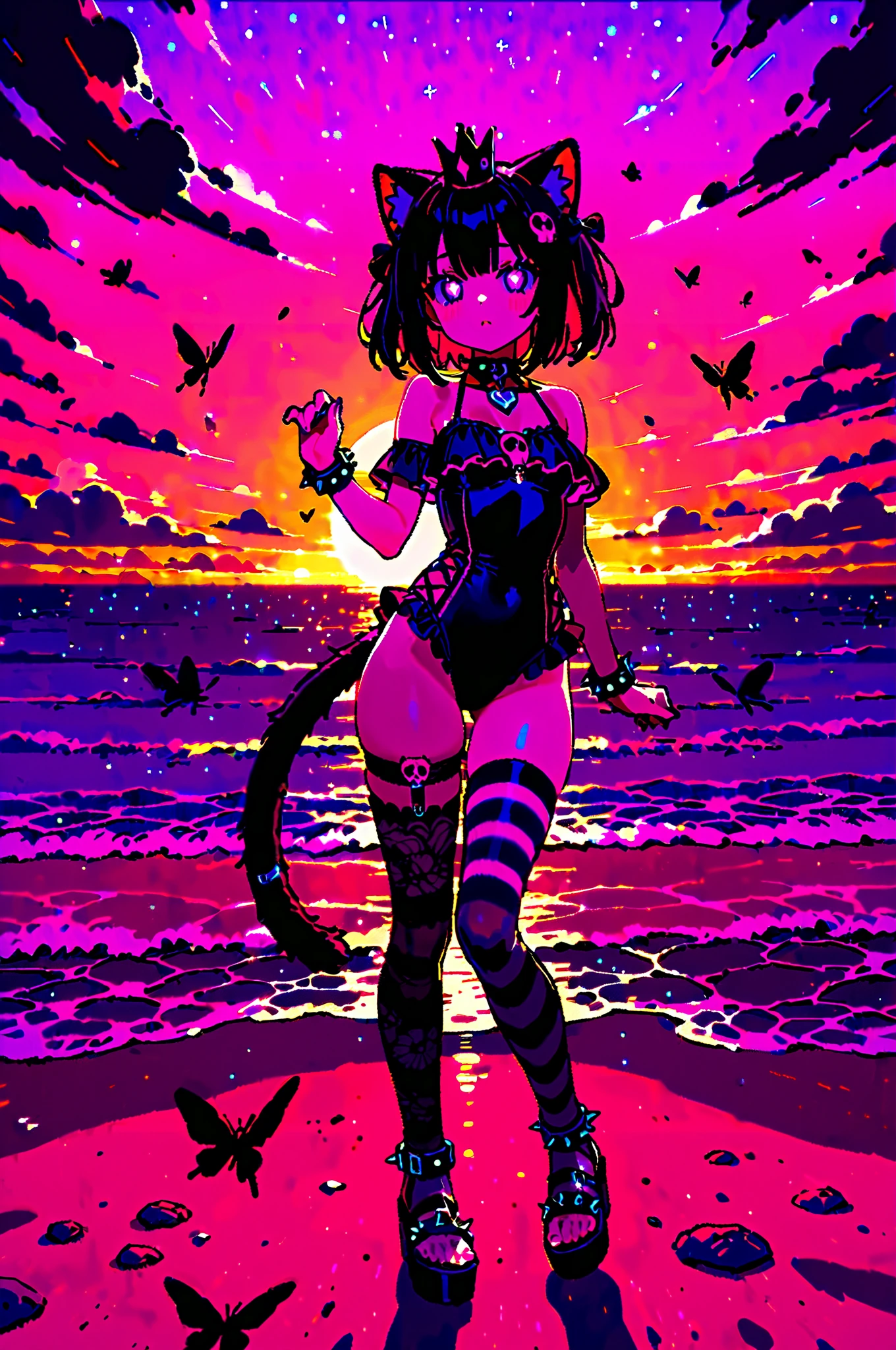 8k, 8k wallpaper, (an extremely delicate and beautiful:1.1), (beautiful detailed eyes:1.3), (best illustration:1.1), (best quality:1.3), (best shadow:1.1), (cinematic lighting:1.2), detailed eyes, (detailed_light:1.1), (dreamy:1.1), (extremely detailed CG unity 8k wallpaper:1.1), foggy, highres, (masterpiece:1.3), official_art, ray tracing, (stylized:1.3), trending on artstation, (ultra_detailed:1.2)
//STYLE
flat coloring, red, rough lines, vector art
//POSE & COMPOSITION
1girl, dynamic_pose, full_body, looking_at_viewer, solo, solo_focus, dutch_angle)
ahoge, antennae, arthropod_girl, arthropod_limbs, bangs, bare_shoulers, bikini, black_boots, (black_sclera:1.2), black_bra, breasts_apart, breath, chitin, elbow_gloves, facepaint, fangs, fur-trimmed_gloves, fur-trimmed_boots, goggles_on_head, glowing_tattoo, green_hair, hairclip, hair_between_eyes, highleg_panties, high_heels, kneehigh_boots, lace, lace_panties, large_wings, leather_boots, light_blush, lipstick, long_hair, makeup, mascara, medium_breasts, messy_hair, (monster_girl, moth_antennae, moth_girl, moth_hair_ornament, moth_wings:1.3), nail_polish, navel, naughty_face, open_mouth, parted_lips, red_trim, seductive, sidelocks, steaming_body, tattoo, (thighighs:1.4), thigh_strap, (two-tone_hair:1.4), wedge_heels, wet, (white_hair:1.1), yellow_eyes, white_panties
//BACKGROUND
dew_drop, foliage, forest, (moon:1.1), moonlight, night, rain, shadow, starry_sky, horizon
//TI, HYPERNETWORK, LORA
<lora:dalcefoNaraeLoraVer_dalcefoNaraeLora:1>, dal