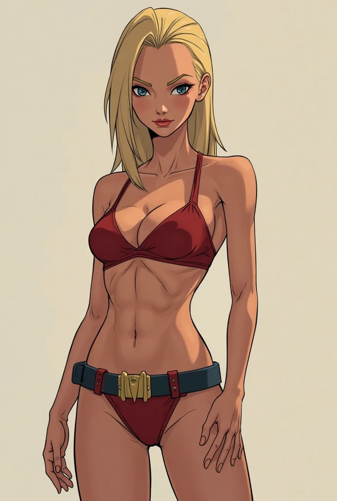 Femme blonde, bikini orange, dans forêt, pieds nus