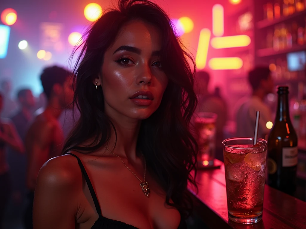 woman age 25, behind a refresh and magic purple daikiri, drink in a elegant cup, drink in foreground, girl behind, seeing throught the cup, bright black hair, deep violet eyes, sensual, mature, exited sexy, pose, curves, large breasts, long eyelashes, very feminine, purple clothes, camel toe