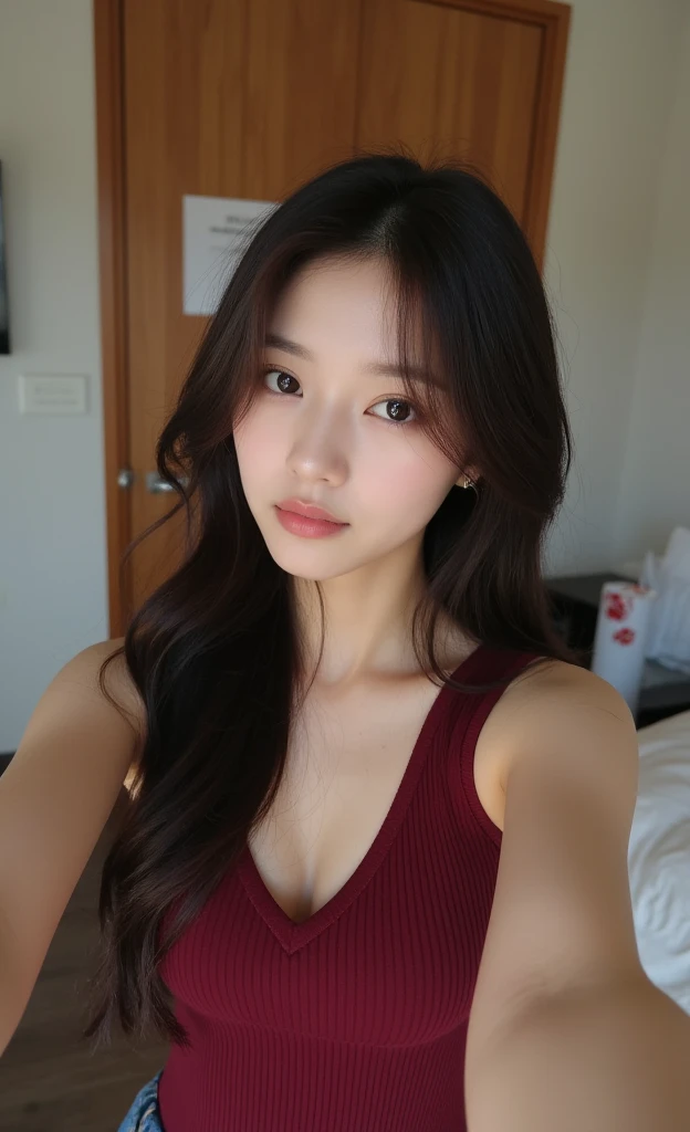 ((Best Quality, 16K, Masterpiece: 1.3)), 1 Beauty: 1.3, (Middle: 1.1, Slender Abs: 1.2), (Dark Brown Long Hair), (Ultra Detailed Face and Skin Texture, Detailed Eyes, Double Eyelids, Detailed Eyes), (Red Lace Bikini: 1.2), (Kneeling), (Bed), Sharp Focus: 1.1, Full Body, 35mm Lens, From Bottom, Eat Soft Serve