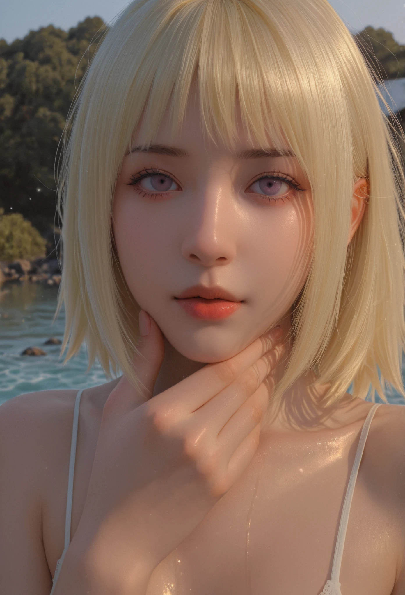 Hinata from naruto, realistic, age 25, extreme pure white skin, white eyes, blonde long bangs, hair, white cropped ancient egypt dress, perfect face, perfect shape body, large breasts, 3d, on a beach, mid night sky