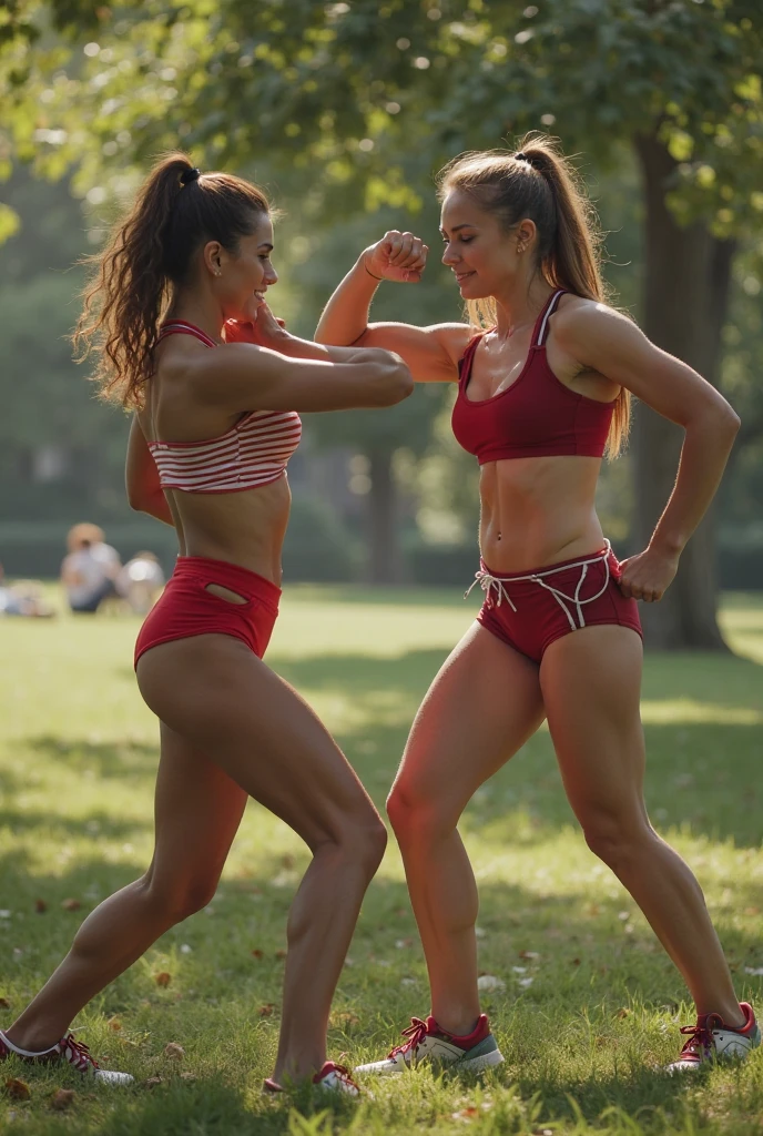 a pair of athletic alabama women rugby players, beefy, muscular, thick thighs and glutes, wide waist, stocky builds, anal