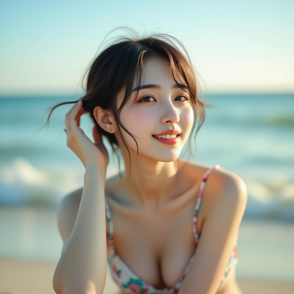 best quality, 8k, highly detailed face and skin texture, high resolution, big tits cute japanes girl in sexy bikini smile on the beach at sunset, full body, sharp focus
