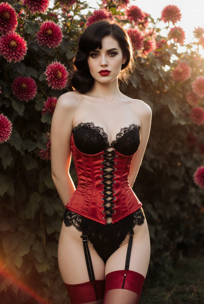 ultrarealistic high quality upperbody photo of 2 beautiful slim european 25-year-old women with cute hyperdetailed shy happy face and natural redhead short messy hair and long legs, realistic round hazel eyes, natural lips, decent makeup with eyeliner, wearing shiny red corsets, hourglass body, outdoor shooting