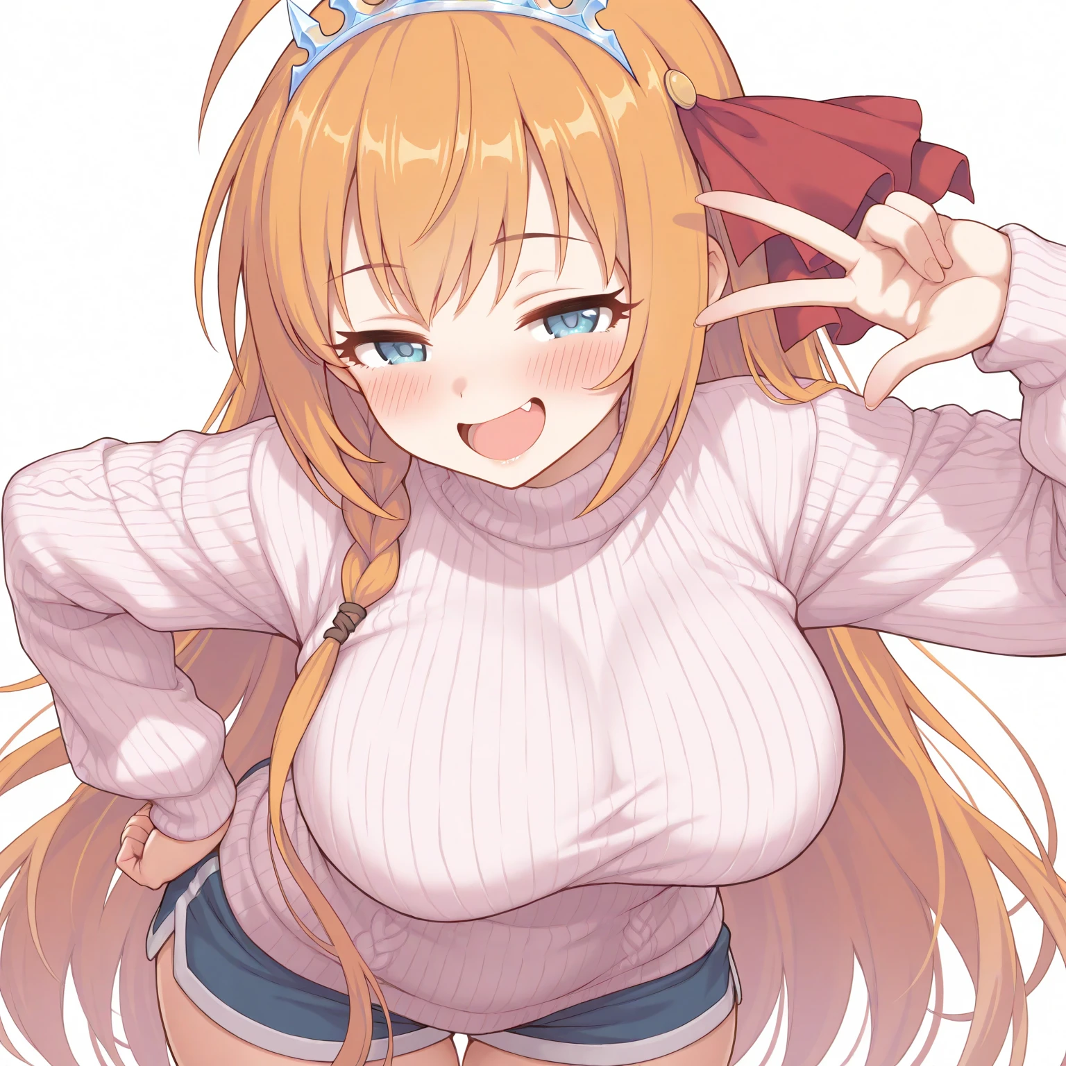 1girl, breasts, brown hair, solo, smile, looking at viewer, long hair, purple eyes, white pupils, large breasts, ribbon, (brown sweater:1.2), (jeans:1.2), standing, (outstretched arms:1.3), bangs, hair ribbon, braid, eyebrows visible through hair, mature female, curvy, ((masterpiece)), ((best quality)), extremely detailed illustration, depth of field, sharp focus, soft lighting, hdr, colorful, good composition, cowboy shot, (white background:1.4), transparent background,
<lora:mamako :0.75>