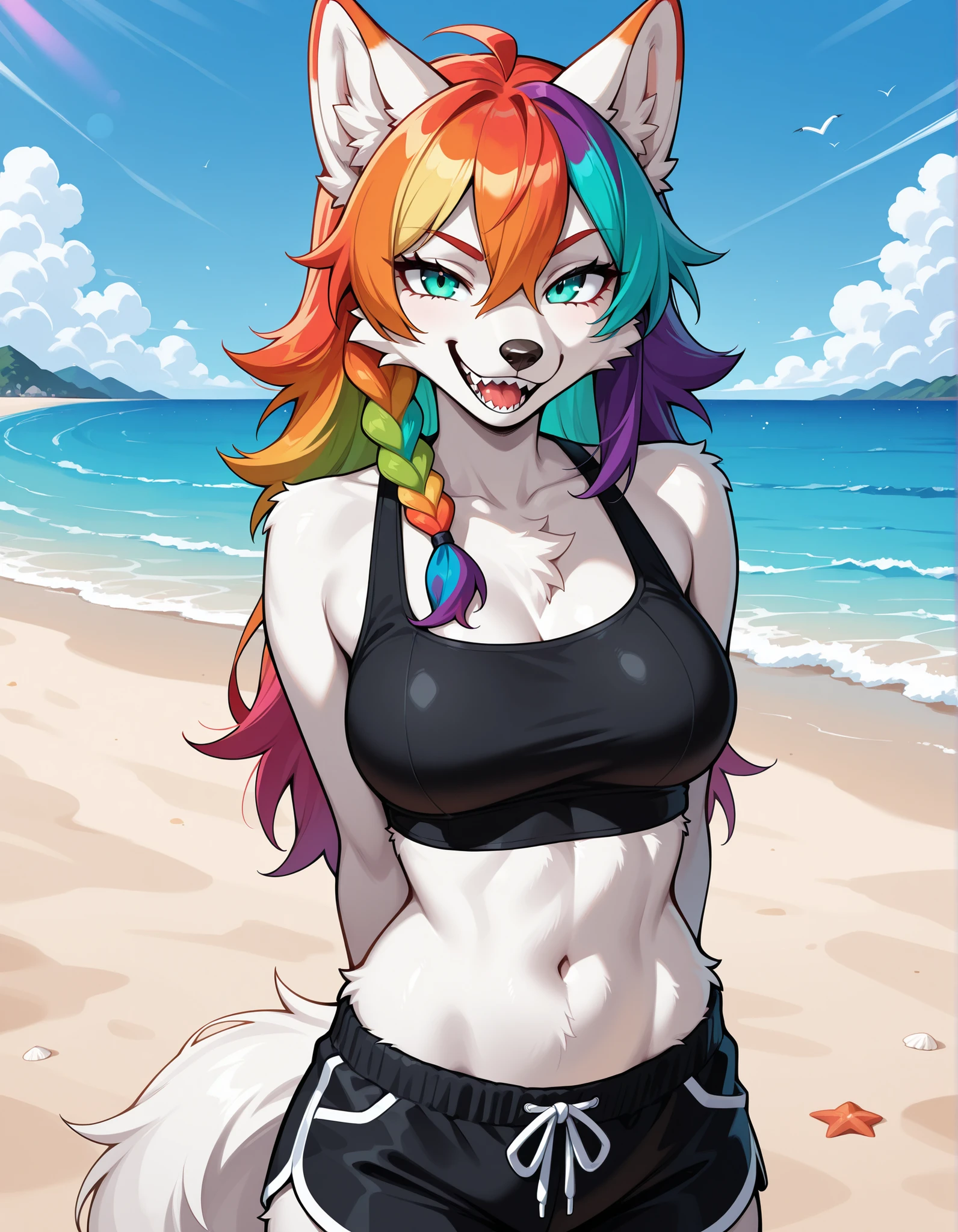 anthro wolf, furry anthro, female, solo, teal eyes, white fur, rainbow hair, side braid, long hair, standing, smug, black crop top, black shorts, outdoors, beach, wolf tail, from front, hi res,, smile, open mouth, tongue, sharp teeth, grin, (looking at viewer, front view, upper body, narrowed eyes),