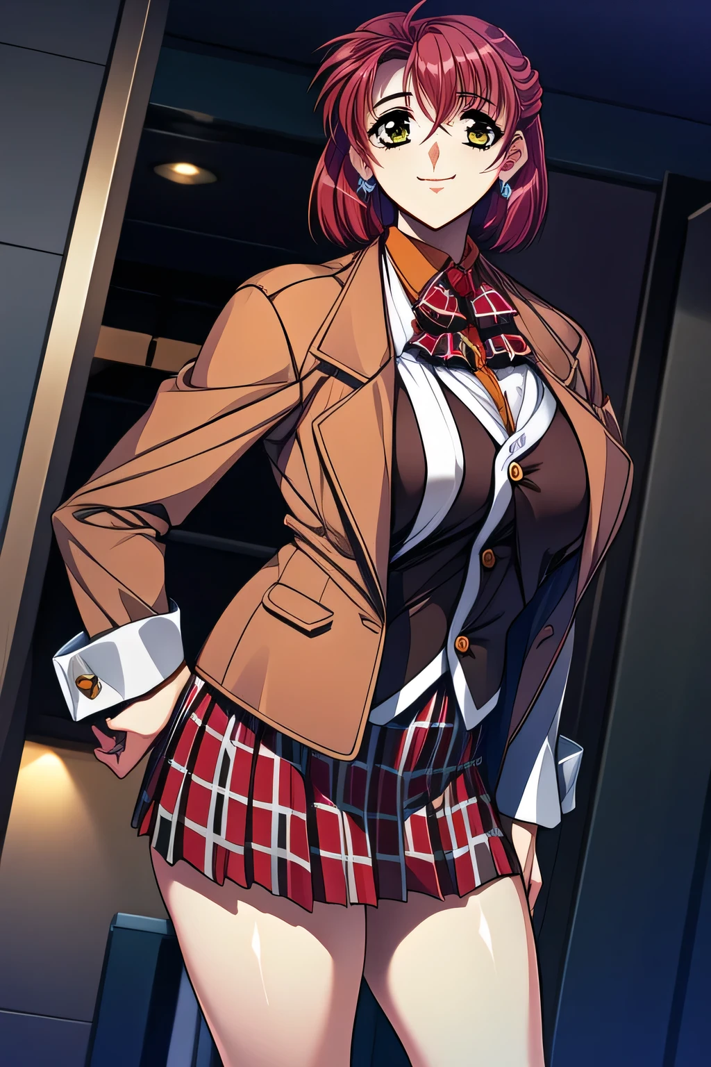 facial expressions are a top priority, so don't trim，I wonder if I can draw more delicate expressions，Woman with a nice relaxed smile，Can you draw a more delicate expression?，（red shorthair）  ,brown blazer,woman in a student uniform who isn't a clerk,narrow waist even with huge breasts， Plaid Miniskirt,I'm inside the building,Inside an old Western-style building，standing in the teacher's house，Splendid Thighs，Beautiful legs，   