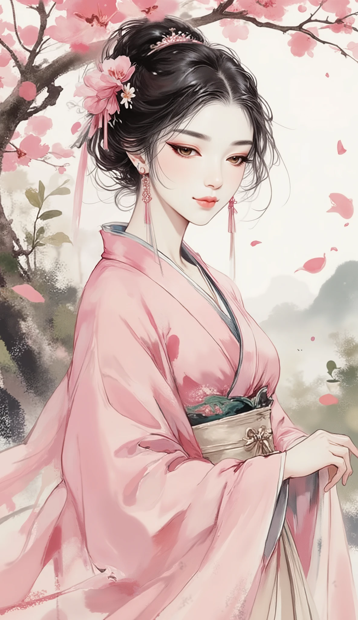masterpiece, best quality, ultra-detailed, A breathtakingly beautiful young Chinese woman of peerless beauty, radiating an elegant and ethereal aura. She has exquisite and perfect facial features, a serene and graceful expression, captivatingly clear and luminous eyes, and flawless smooth skin. Her medium-length black hair features a single, elegant streak of white in her long, side-swept bangs, adorned with a delicate flower-shaped hairpin. She has a perfect, slender figure with perfect anatomy and perfect hands with five fingers. She is wearing an exquisite two-piece Chinese fantasy wuxia-style silk costume, comprised of a light pink flowing shawl and a graceful, long skirt fastened with a light-colored silk belt. The setting is a dreamlike scene where she is strolling gracefully beneath a blooming plum blossom tree, with a romantic flurry of delicate petals dancing in the air around her. The style is a blend of exquisite, mature character illustration and fantasy concept art, featuring cinematic lighting and hyper-detailed, intricate details.