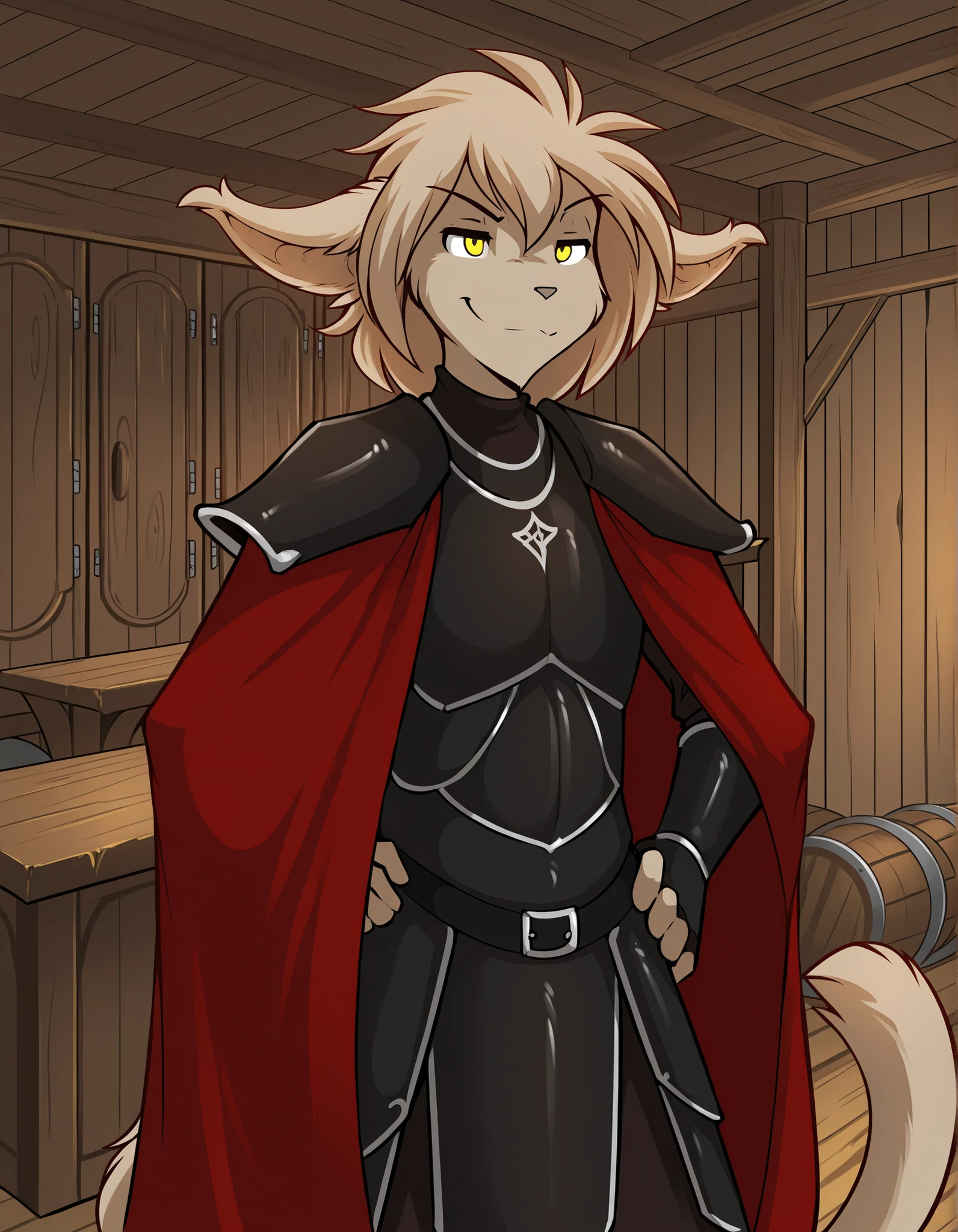 keith-twokinds, basitin, furry anthro, male, solo, yellow eyes, medium hair, smug, feline tail, indoors, locker room, from front, hi res,, (tavern:1.2), red cape, black leather armor,,