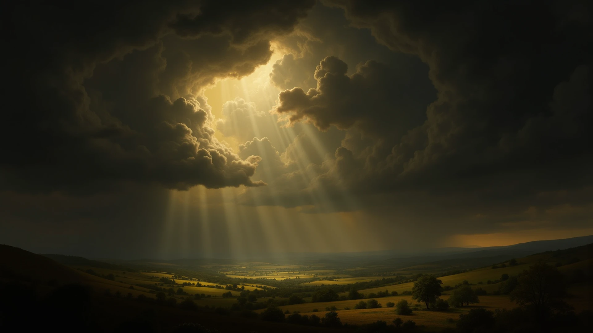 (sun shining above), (dark, threatening clouds below), (realistic), (digital painting), (high resolution), (ultra-detailed), (masterpiece quality),