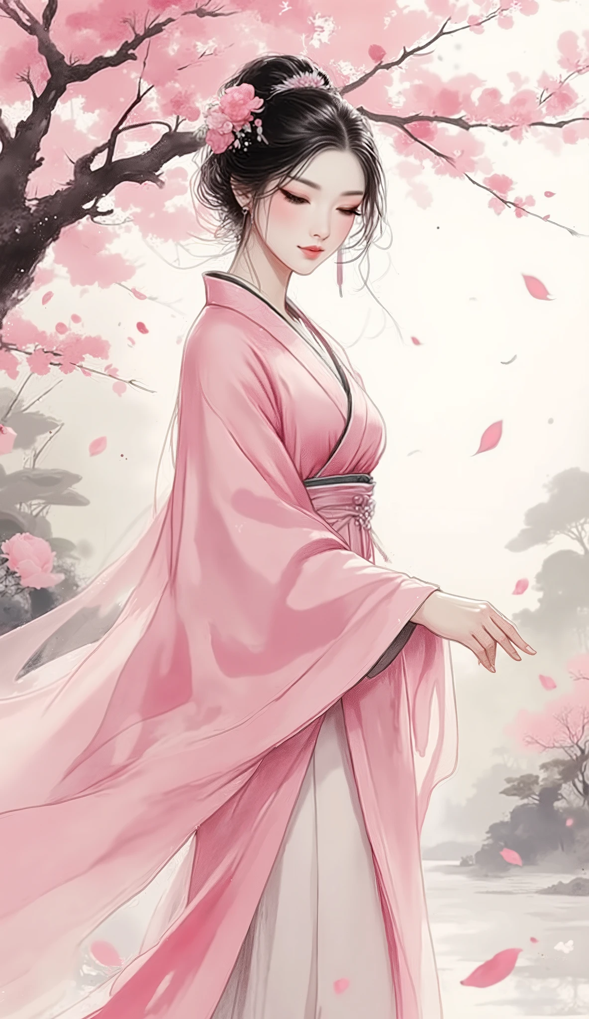 masterpiece, best quality, ultra-detailed, A breathtakingly beautiful young Chinese woman of peerless beauty, radiating an elegant and ethereal aura. She has exquisite and perfect facial features, a serene and graceful expression, captivatingly clear and luminous eyes, and flawless smooth skin. Her medium-length black hair features a single, elegant streak of white in her long, side-swept bangs, adorned with a delicate flower-shaped hairpin. She has a perfect, slender figure with perfect anatomy and perfect hands with five fingers. She is wearing an exquisite two-piece Chinese fantasy wuxia-style silk costume, comprised of a light pink flowing shawl and a graceful, long skirt fastened with a light-colored silk belt. The setting is a dreamlike scene where she is strolling gracefully beneath a blooming plum blossom tree, with a romantic flurry of delicate petals dancing in the air around her. The style is a blend of exquisite, mature character illustration and fantasy concept art, featuring cinematic lighting and hyper-detailed, intricate details.