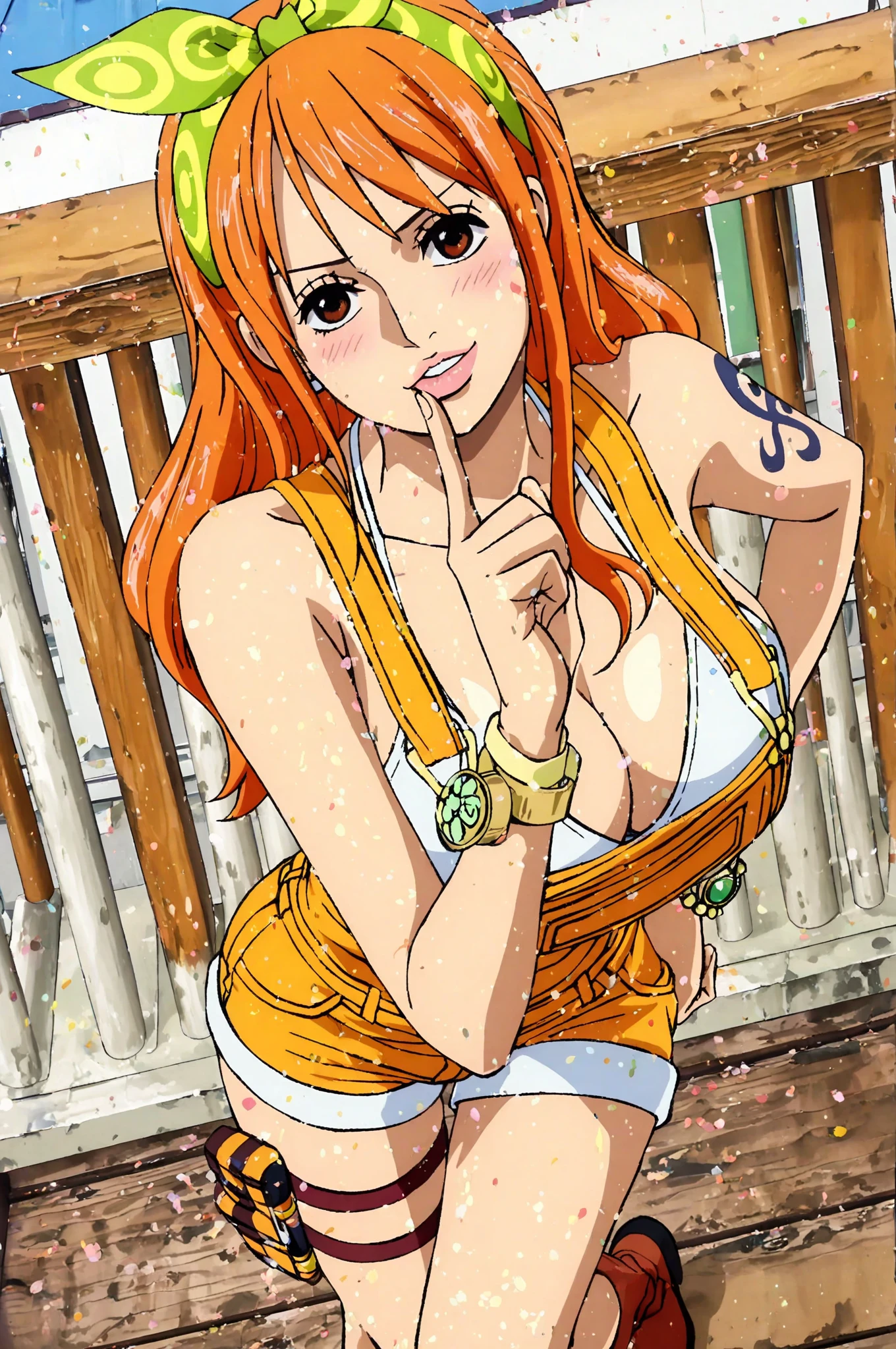 a cartoon picture of a woman in a bikini top and jeans, nami one piece, nami from one piece, nami, beautiful portrait of nami, from one piece, oppai, blue eyes, smoking, ponytail, nsfw