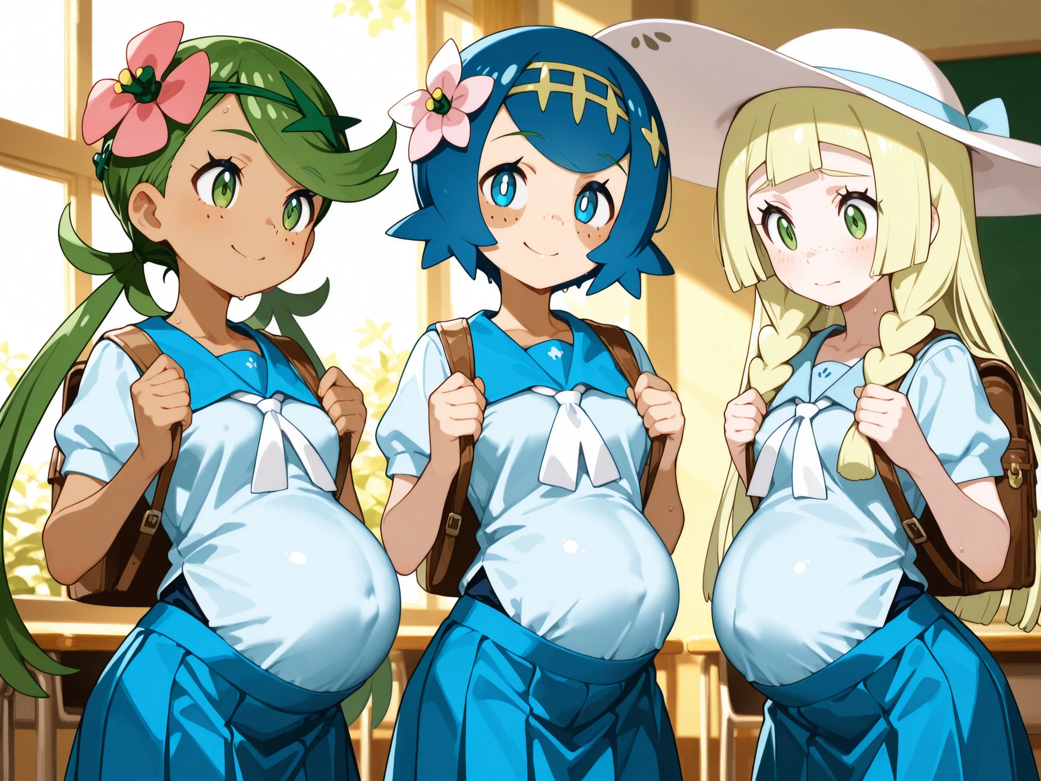 masterpiece, Highest Quality, great quality、（（（3 girls）））、3 girls(Water Lily：Lillie：Mao) 、（Water Lily： lana, blue eyes, blue hair, freckles, hairband, short hair, white pupils, yellow hairband, bright pupils,）、（Lillie：long hair、 Gold、sun hat、white hat、Twin braid hairstyle、green eyes、）、（Mao： mallow, long hair, bangs, hair ornament, twintails, green eyes, flower, green hair, hair flower, dark skin, dark-skinned female, swept bangs, mallow (pokemon)）、smile、Glowing Skin、sweating、blue uniform,  anime uniform, school uniform, pointed chest、Detailed Background,cowboy shot、standing, school uniform, backpack, school background, 、 classroom 、nipple bulge under clothes, skirt, [mallow pregnant], [Mallow with pregnancy], [mallow looking aside], [lillie and Lana touching mallow's belly] [all laughting] 