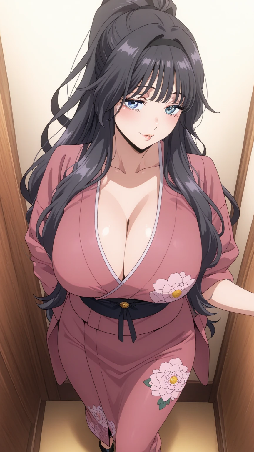 sakurajima mai, mai-san, (masterpiece), 1girl, japanese clothes, solo, sexy kimono, kimono, show panties, show bra, black panties, black bra, medium breasts, cleavage, blush, paintbrush, calligraphy brush, bedroom background, ink, bare shoulders, off shoulder, looking at viewer, sash, smile, collarbone, sitting, obi, floral print, wide sleeves, parted bangs, between breasts, holding, open mouth, nsfw, low-necked, sexy, (high resolution)