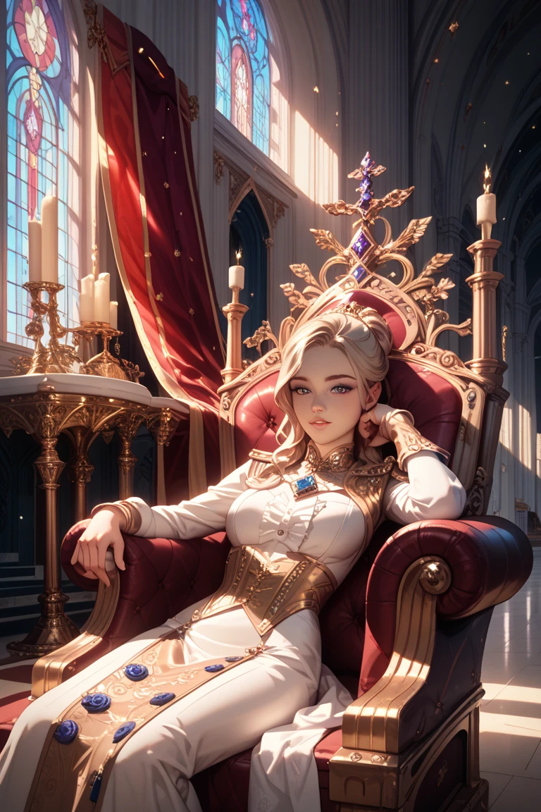 (POV), (best quality,4k,8k,highres,masterpiece:1.2),ultra-detailed,(realistic,photorealistic,photo-realistic:1.37),A cute (little boy) wearing a (white cloak) and a (very long translucent silk long skirt), best wrinkle, best shadow, ( legs,  feet, Feet bound in ), legs under the dress, soft curly hair, sparkling eyes,innocent smile, (Angry, shy), dainty silver crown on his head, (Sitting on an exquisite and solemn throne), In the magnificent palace, bathed in warm golden sunlight, creating a dreamy and magical atmosphere.