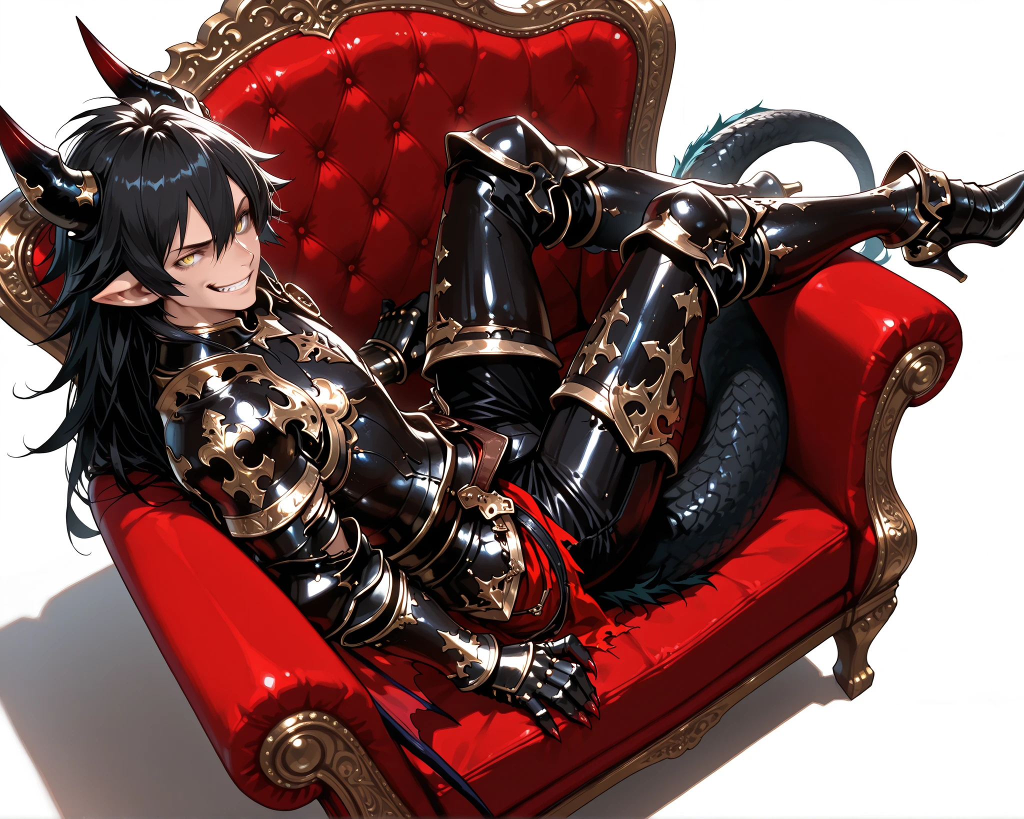 score_9, score_8_up, score_7_up, absurdres, (((128K Ultra High Resolution))), (masterpiece, best quality: 1. 5), (high definition: 1, 4), (highres), 8K wallpaper, (excellent graphics: 1. 5), CG, (((Japanese Anime style))), (Granblue Fantasy), (1 male), solo, (lean body, masculine), weredragon, glossy black, shiny black leather, ((beautiful golden eyes, finely detailed eyes, bright eyes, slit pupils)), hair between eyes, black hair, long hair, sideburns, wild hair, (sly grin, sinister grin, smirk), teeth, confident, (((ultra detailed face))), shiny skin, long pointy ears, twisted torso, long-legged, sculpted face, wasp waist, dragon horn, dragon tail, dragon wings, dragon sharp claws, (black armor with a lot of grandiose decorations: 1. 5), half dragon half human, (sit cross-legged, closed legs, sit sideways, luxury antique red plush velvet chair: 1. 5), (dramatic angle, dynamic pose: 1. 5), (ultra detailed black armor, well-polished black armor: 1. 5), (gold-adorned armor: 1. 5), all black outfit, full body, sharp focus, good-looking man, (best illustration, highly detailed artwork: 1. 5), (cinematic), dramatic lighting, (intricate detail, extreme detailed, super detailed: 1. 5), (stark contrast, heavy shadows: 1. 3), detailed black decorations, beautiful and aesthetic, photoreal, (from side), ((from above)), (mysteriously crafted black metal armor: 1. 5), thick & luxuriant hair, (ultra detailed fantasy black armor, wonderful black armor: 1. 5), (realistic metal texture), broad shoulder, true-to-life visuals, artistically refined, (extremely delicate & beautiful armor, elaborate armor details: 1. 5), (giant black armor, dark armor, stylized armor: 1, 5), (((armor-type high heels))), (extremely detailed armor with intricate engravings, intricate armor with gold ornaments: 1. 5), ((very gorgeous & dazzling)), (dark fantasy black knight: 1. 5), slim waistlines, wide chested, sinewy body, (Hyper Detailed & Perfectly Designed Black Armor: 1. 5), (simple white background)