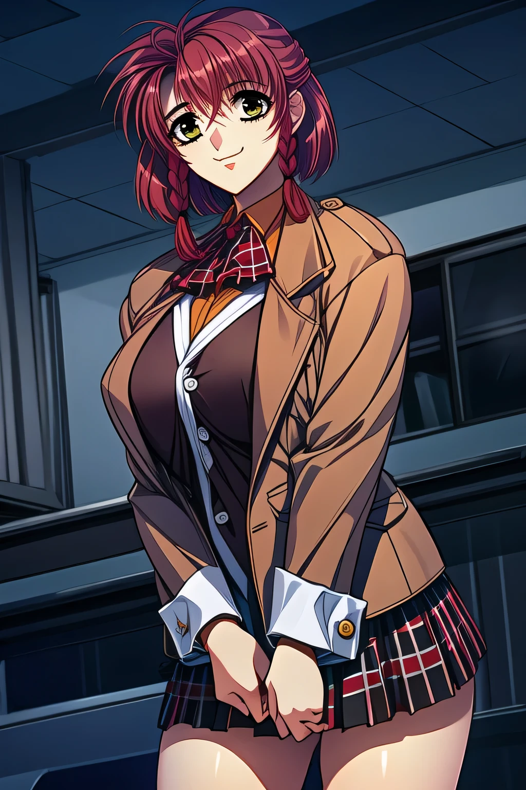 Facial expression is a top priority, so please insert ,I wonder if I can draw more delicate expressions,a woman with a nice relaxed smile,can you draw a more delicate expression?,(red short hair) ,Brown Blazer,a woman in uniform who is not an office worker,I wonder if I can draw a more delicate expression than, plaid miniskirt,I'm inside the building,Inside an old Western-style building,standing at teacher's house,amazing thighs ,Beautiful legs,