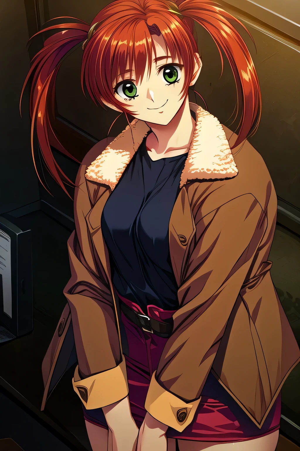 Facial expression comes first, Therefore、Please insert ,I wonder if I can draw more delicate expressions,a woman with a relaxed and gentle smile,can you draw a more delicate expression?,(red,twin tail hair) ,Brown Blazer,A woman in uniform who is not an office worker,Can you draw a more delicate expression, plaid miniskirt,I'm inside the building,Inside an old Western-style building,Standing at the Teacher's House,amazing thighs ,Beautiful legs,