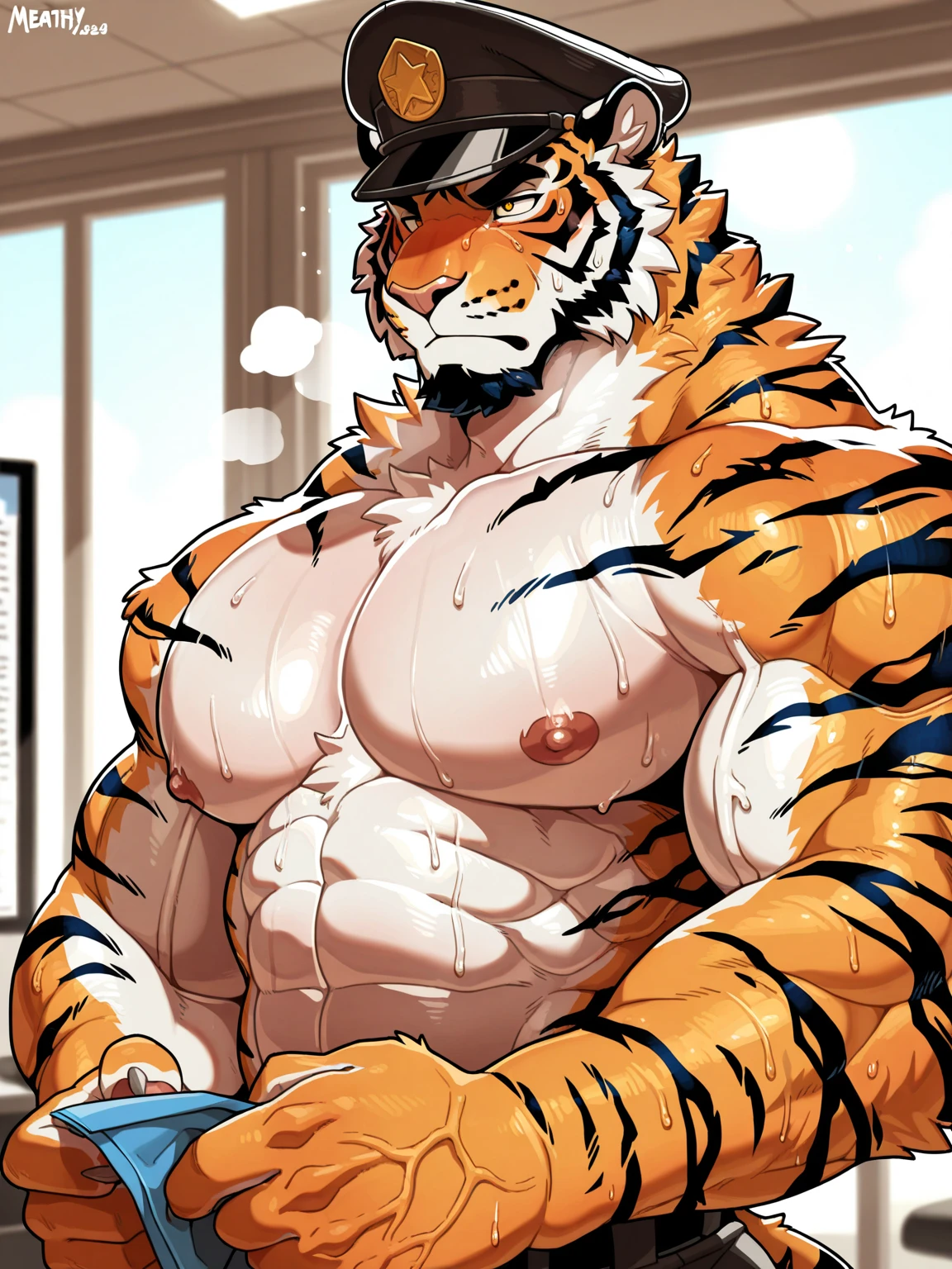 (obra maestra:1,3) foto de un hombre tigre musculoso de pelaje esponjoso anaranjado con rayas negras, altamente detallado, de grandes pectorales, alta mente detallado y definido, with super detailed light blue eyes, y una sonrisa coqueta, full body without any type of clothing, more than, boxer ????? ajustado marcando su grande pene de 20 CM, calidad HD 4K