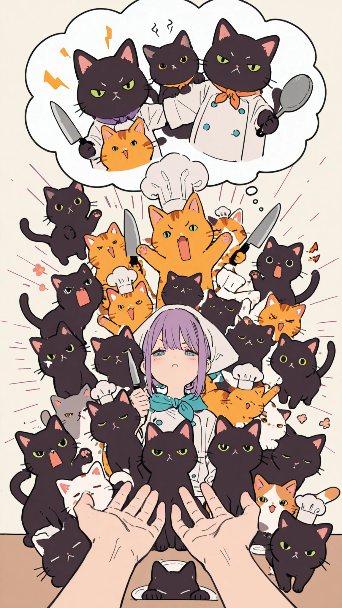 dark_art_style,dark_light_style,artist:kazutake_hazano, artist:danimaru,[artist:ask_(askzy)], artist:wanke, artist:wlop, artist:fujiyama, artisit:yuyu_(yuyuworks)，artist:hiten_(hitenkei),atrisit:dishwasher1910,in style of ashley wood,in the style of Alex Hirsch,in style of American McGee, ruteko_(ruko220) original highres
A cat,no human, Maine Cooncat, Chef Cat, Holding a kitchen knife, 
Wave your hands, Yelling, detailed kitchen background，Lots of cats watching, Thought_bubble,angry