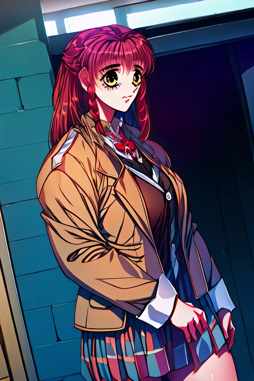 Facial expression comes first, Therefore、I need a face ，I wonder if I can draw more delicate expressions，a woman with a relaxed and gentle smile，can you draw a more delicate expression?，（red long hair）  ,blue blazer,woman in uniform,I'm wondering if I can draw a more delicate expression， plaid miniskirt,I'm inside the building,Inside an old Western-style building，Standing at the Teacher's House，amazing thighs ，Beautiful legs，   