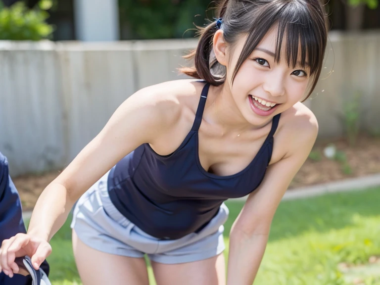 (Best Quality, masterpiece, Ultra High Resolution, (Photorealistic:1.4), Raw photo), (1girl, angle from below, close-up of her buttocks), (cheerleader, yellow pleated skirt, white lace panties), 16 years old, ultra gigantic tits, Black medium bob hair, Very beautiful face, Very beautiful eyes, Smile, Dynamic Pose, Detailed arm, Detailed fingers, beautiful and shiny skin, small ass