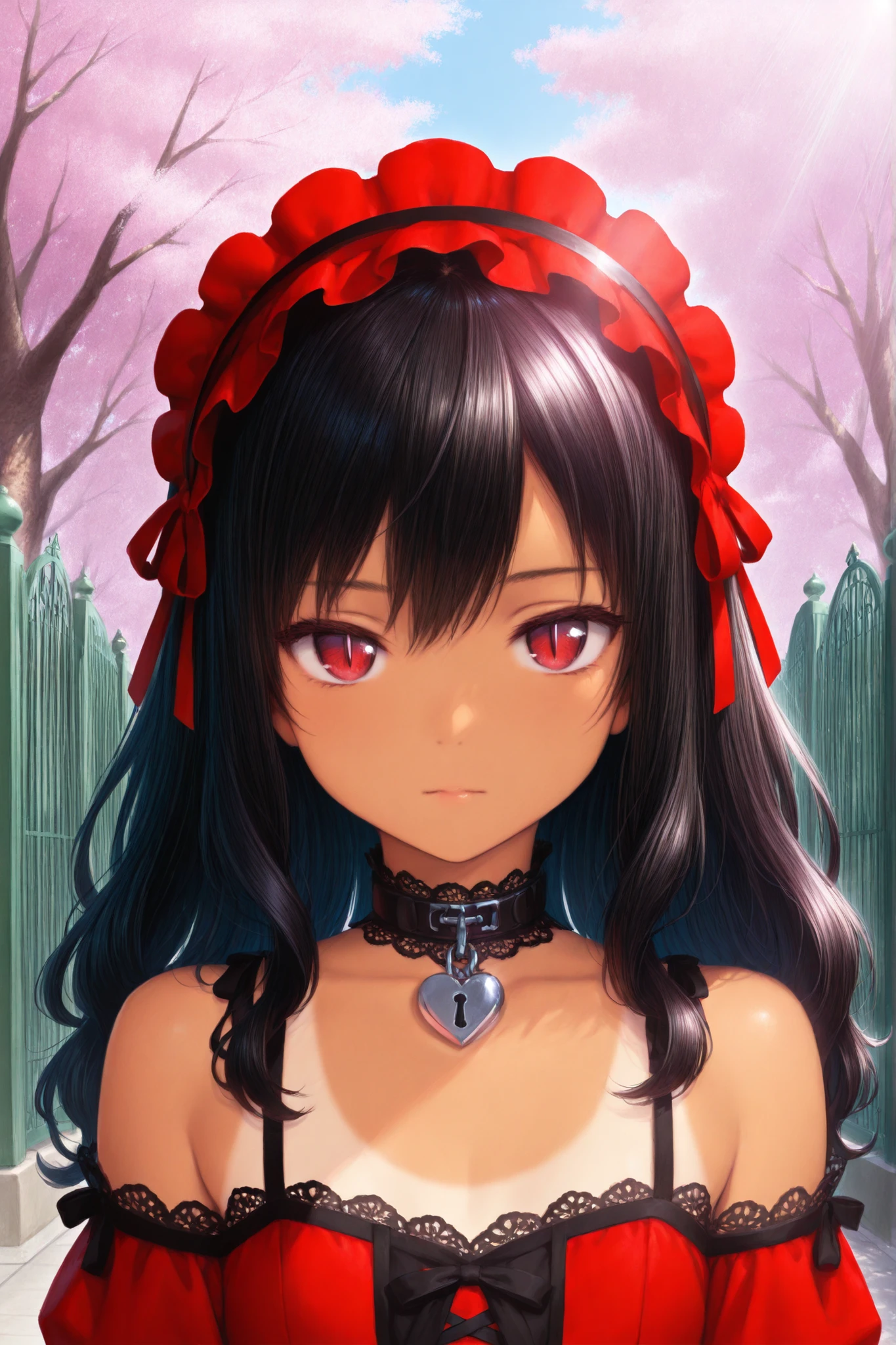 masterpiece, best quality, chest-up portrait, 1 small girl, petite, tiny chest, Latina, long wavy black hair, dark crimson eyes with slit pupils, soft tan skin, slight bored expression, red open-shoulder lolita dress with modest neckline, intricate black lace trim, padlocked heart collar, Fushimi Academy front gate background, cherry blossom trees, afternoon sunlight, anime style, academic setting