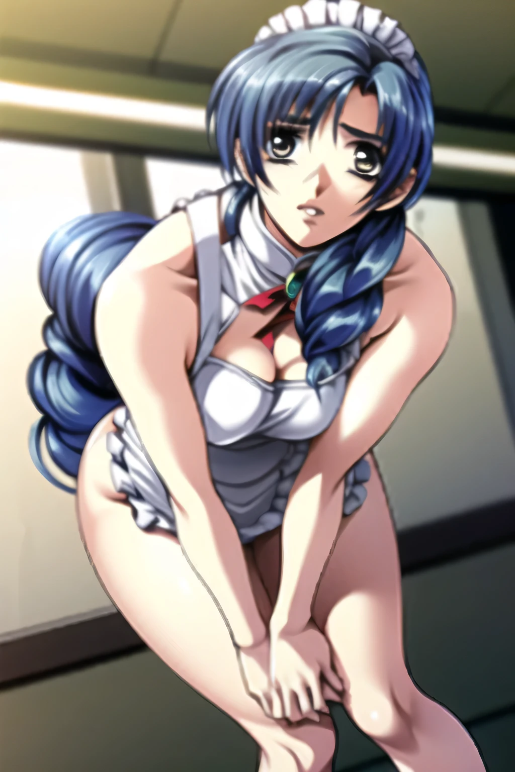 The woman with the best facial expression is a woman in a waitress-style uniform, therefore、 ，Can you draw a more delicate expression?，peopleのリラックスした優しい笑顔の女性，can you draw a more delicate expression?，（long blue hair）  ,people,Can you draw a more delicate expression?，Mini mini maid clothes，,I'm inside the building,Inside an old Western-style building，standing，amazing thighs ，Beautiful legs，   ,naked eyed woman,