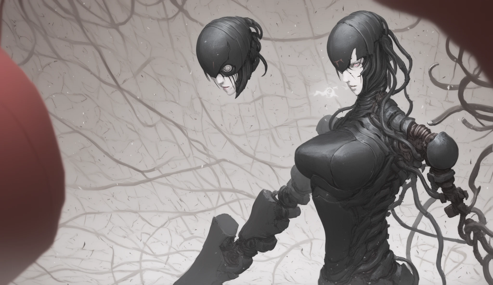 (((nsfw))),Blame style,manga, (  high quality, 4k,  ultra-detailed  ,  Realistic,  bright colors  , bokeh),  Heavens,  deep darkness  , highly detailed,  play of light and shadow  ,  Particles , humanoid robot,ciborg,biocyborg ,1 Cyborg ,  dark, rangy,  with an upright and threatening posture ,  covered in black armor and dark metal ,  futuristic combat suit ,  many details with a mix of advanced technology with biomechanical elements ,  face and head to skin very pale white and cracked with marked veins ,  scars marked on his face ,  leaving only his eyes and part of his forehead exposed ,  His eyes cut like a snake ,  dark and penetrating ,  adding a sense of danger and mystery ,  The character is covered with cables and mechanical components ,  especially on his arms and torso ,  The cables hang and are entangled around his body ,  giving an impression of technological and biomechanical complexity ,  there are articulated metal segments and technological pieces that look like part of an armor or exoskeleton,