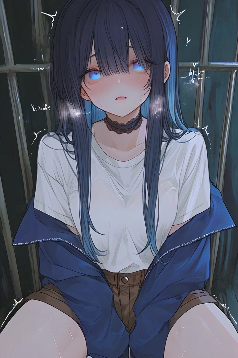 messy black long hair girl
eyes are hidden
Her clothes are like rags, and her hands and feet are shackled.
she's in jail again
the girl is crying
The girl is very thin.
high quality images