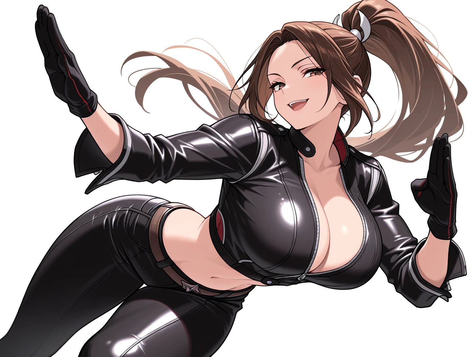 女性1 person、super detailed photos, Full body photo image、(((black shiny latex bondage suit)))、(from below:1.3)、 brown hair, brown eyes, long and high ponytail, hair band, 1 person、25 years old, japanese mature, beautiful fingers, beautiful long legs, beautiful body, beautiful nose, beautiful character design, perfect eyes, perfect face, jewelry, See-through, looking at the viewer, hair ornaments, choker, shy, (smug:1.6)、king of fighters,(((Has a black super long whip:1.5)))、
(table top, highest qualityの, highest quality, beautiful and aesthetic: 1.2), very detailed, more detailed,proper body proportions,table top,Ultra high quality output image,High resolution,intricate details,very delicate and beautiful hair,realistic pictures,dream-like,professional lighting,realistic shadow,focus only,sexy pose,
(big breasts:1.2,) , floating skirt,
Stiletto knee high long boots、anime one、from below、(((depiction of prison)))、(((close your mouth)))