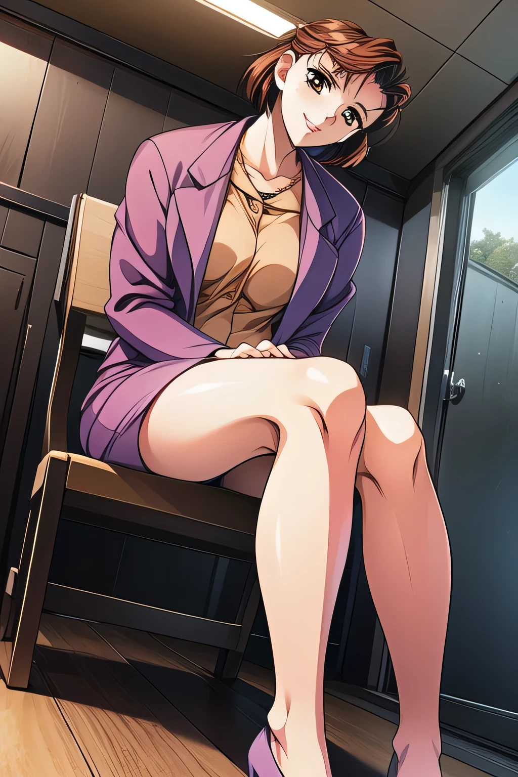 The expression comes first, therefore、Please insert ，I wonder if I can draw a more delicate expression，women with relaxed and gentle smiles，can you draw a more delicate expression?，（red short hair） Women with Lovely Smiles， ,Brown Blazer,Female TeacherFemale ，miniskirt，鏡で自撮りをしているamazing thighs ，Beautiful legs，High Heels，standing at teacher's house，,I'm inside the building,Inside an old Western-style building，in a bright cage，amazing thighs ，Beautiful legs，  sitting on a chair, from below，彼女のminiskirtには水色のパンティーが透けて見えます，