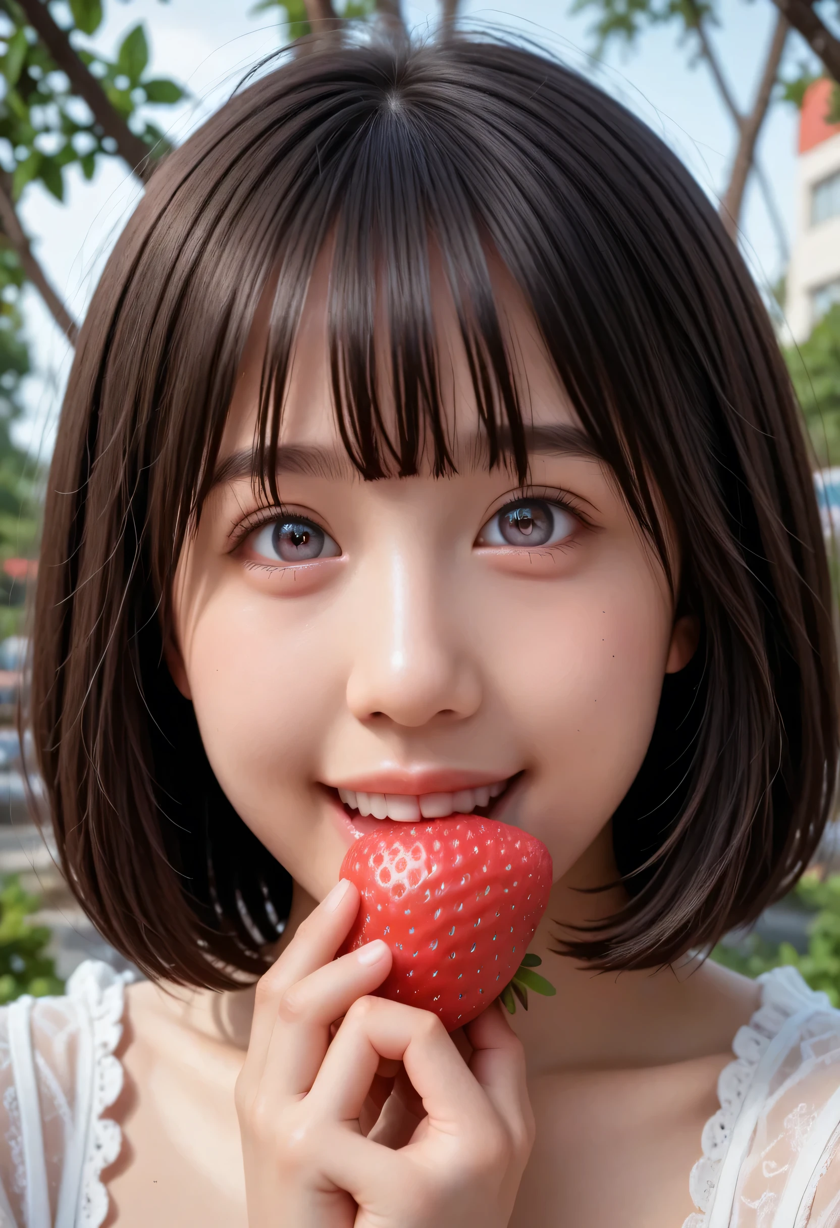 (very detailed}, , {Highest Quality}, {Super High Quality}, {highest resolution}, {{{sharp focus:pupil}}, {{16k}}, {{Realistic and Stunning Portrait of a Japanese High School Student: 2.0}}}, ((bust up:2.0))), {{Happy Smile: 2.0}}, {detailed facial depiction}}, {{detailed eye description, big eyes with double eyelids}}, {Thick Lips:Lipstick}, black hair, 黒いpupil}}}, {Naked High School Girl in a Fluffy Silhouette Mini Skirt Dress with Lots of Ruffles:18 years old:pale skin:boobs}}, {{Strawberry Fairy Inspired Outfit}}, {{Strawberry-inspired、Unrealistic fairy-tale space}}, {{One strawberry in hand、Bite}}, (((Strawberry in her mouth))), {very fantastic, depth of field photo}}, {{{Bob hair with trimmed Bang: Home Cut: Bang}}}, {{viewers}},