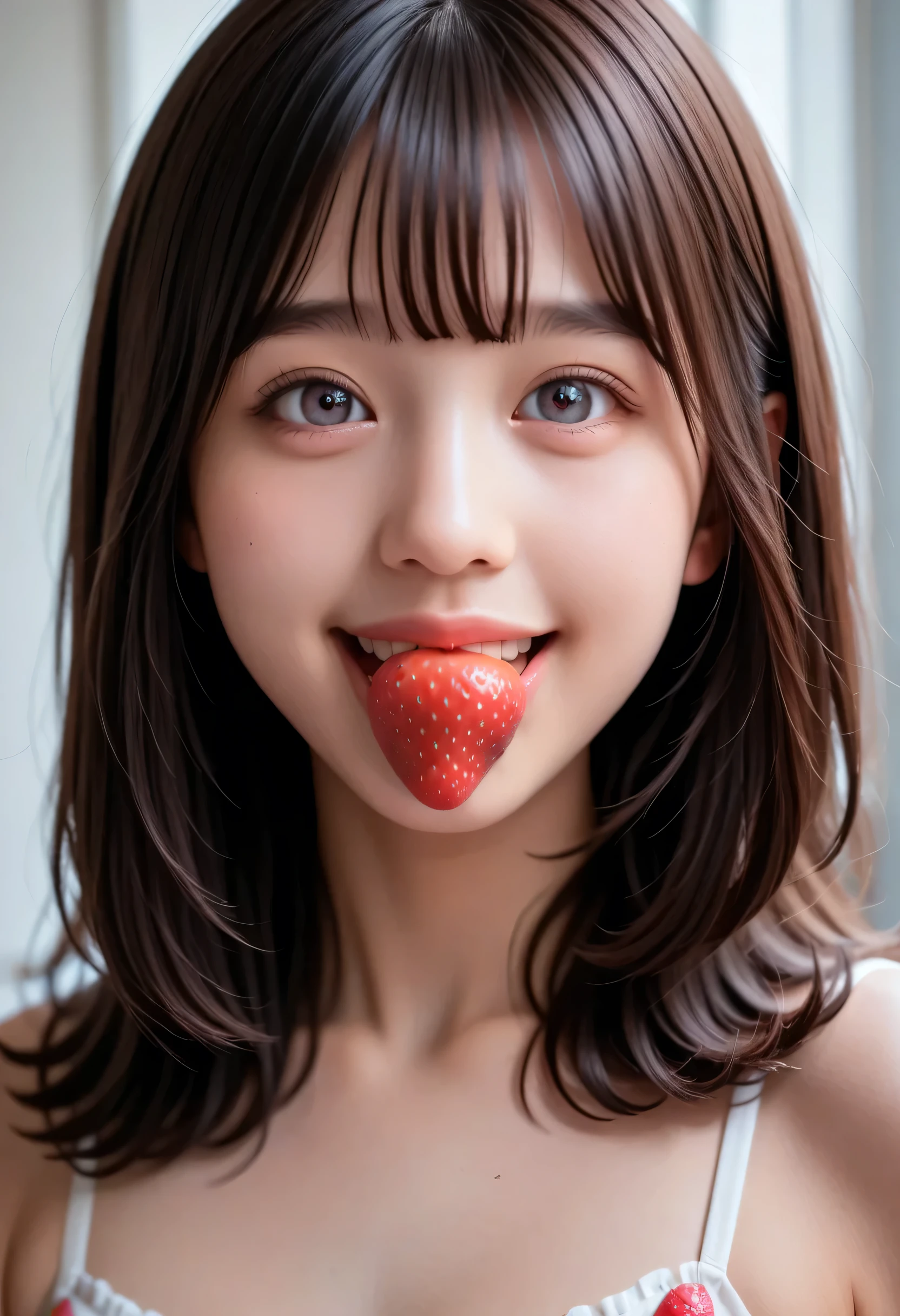 (very detailed}, , {Highest Quality}, {Super High Quality}, {highest resolution}, {{{sharp focus:pupil}}, {{16k}}, {{Realistic and Stunning Portrait of a Japanese High School Student: 2.0}}}, ((bust up:2.0))), {{Happy Smile: 2.0}}, {detailed facial depiction}}, {{detailed eye description, big eyes with double eyelids}}, {Thick Lips:Lipstick}, black hair, 黒いpupil}}}, {Naked High School Girl in a Fluffy Silhouette Mini Skirt Dress with Lots of Ruffles:18 years old:pale skin:boobs}}, {{Strawberry Fairy Inspired Outfit}}, {{Strawberry-inspired、Unrealistic fairy-tale space}}, {{One strawberry in hand、Bite}}, (((Strawberry in her mouth))), {very fantastic, depth of field photo}}, {{{Bob hair with trimmed Bang: Home Cut: Bang}}}, {{viewers}},