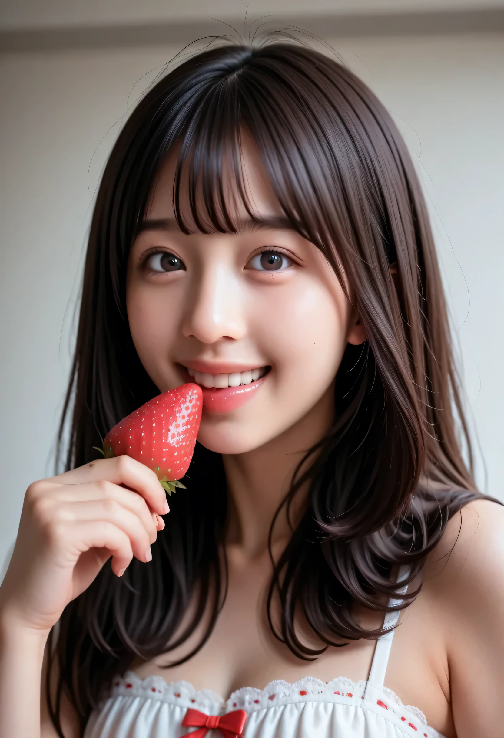 (very detailed}, , {Highest Quality}, {Super High Quality}, {highest resolution}, {{{sharp focus:pupil}}, {{16k}}, {{Realistic and Stunning Portrait of a Japanese High School Student: 2.0}}}, ((bust up:2.0))), {{Happy Smile: 2.0}}, {detailed facial depiction}}, {{detailed eye description, big eyes with double eyelids}}, {Thick Lips:Lipstick}, black hair, 黒いpupil}}}, {Naked High School Girl in a Fluffy Silhouette Mini Skirt Dress with Lots of Ruffles:18 years old:pale skin:boobs}}, {{Strawberry Fairy Inspired Outfit}}, {{Strawberry-inspired、Unrealistic fairy-tale space}}, {{One strawberry in hand、Bite}}, (((Strawberry in her mouth))), {very fantastic, depth of field photo}}, {{{Bob hair with trimmed Bang: Home Cut: Bang}}}, {{viewers}},