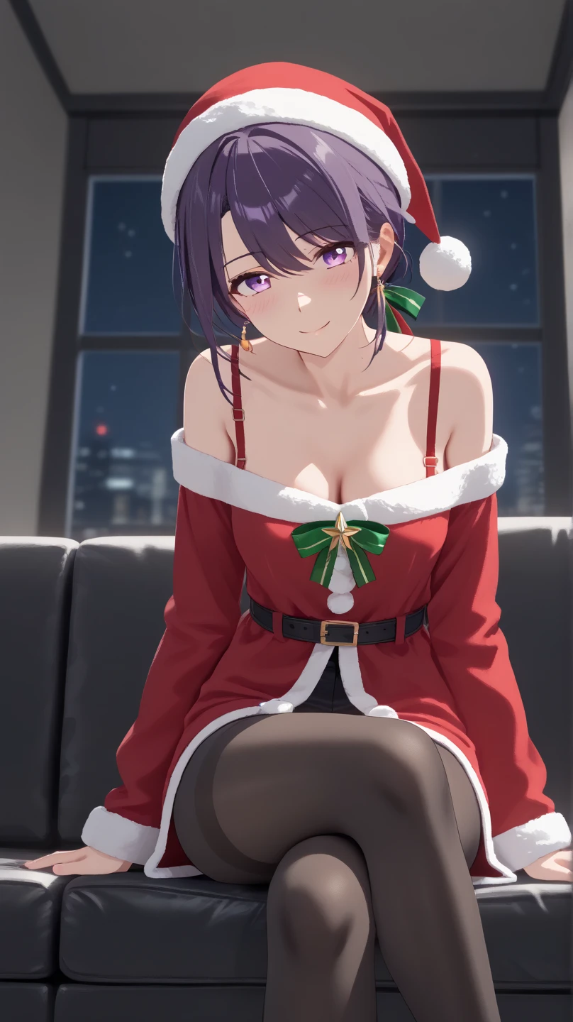 best quality, ultra-detailed, illustration,
(1girl,solo:1.4), glasses, embarrassed, blush, smile, looking at viewer, black hair, medium hair, medium breasts, kneehighs, santa costume, santa hat,
lovehotel, table, bottle, indoors, bed, couch, pillow, door, television,
<lora:lovehotel_SD15_V7:0.8>