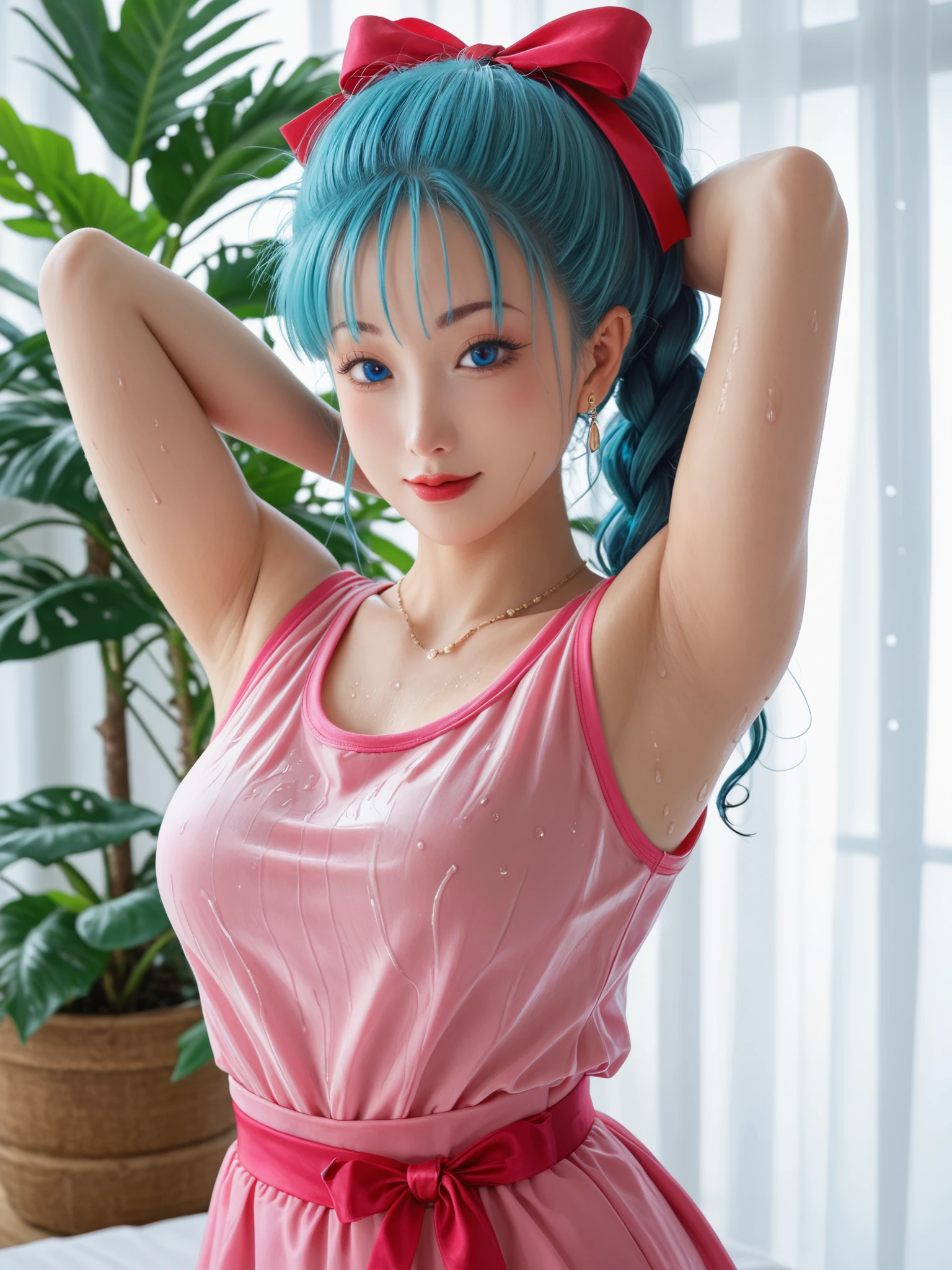 Highest Quality, masterpiece,viewers,sleeveless,Armpit,Moving Poses,1futa, bulm4_0r1g1n4l_0ut1f1t, pink clothes, blue eyes, blue hair, Ribbons on the Head , Big Bust, big breasts, thighs thicker with canon, soft to the touch, Delicate Body Curves, Realistic human anatomy , real,sweat,wet skin,