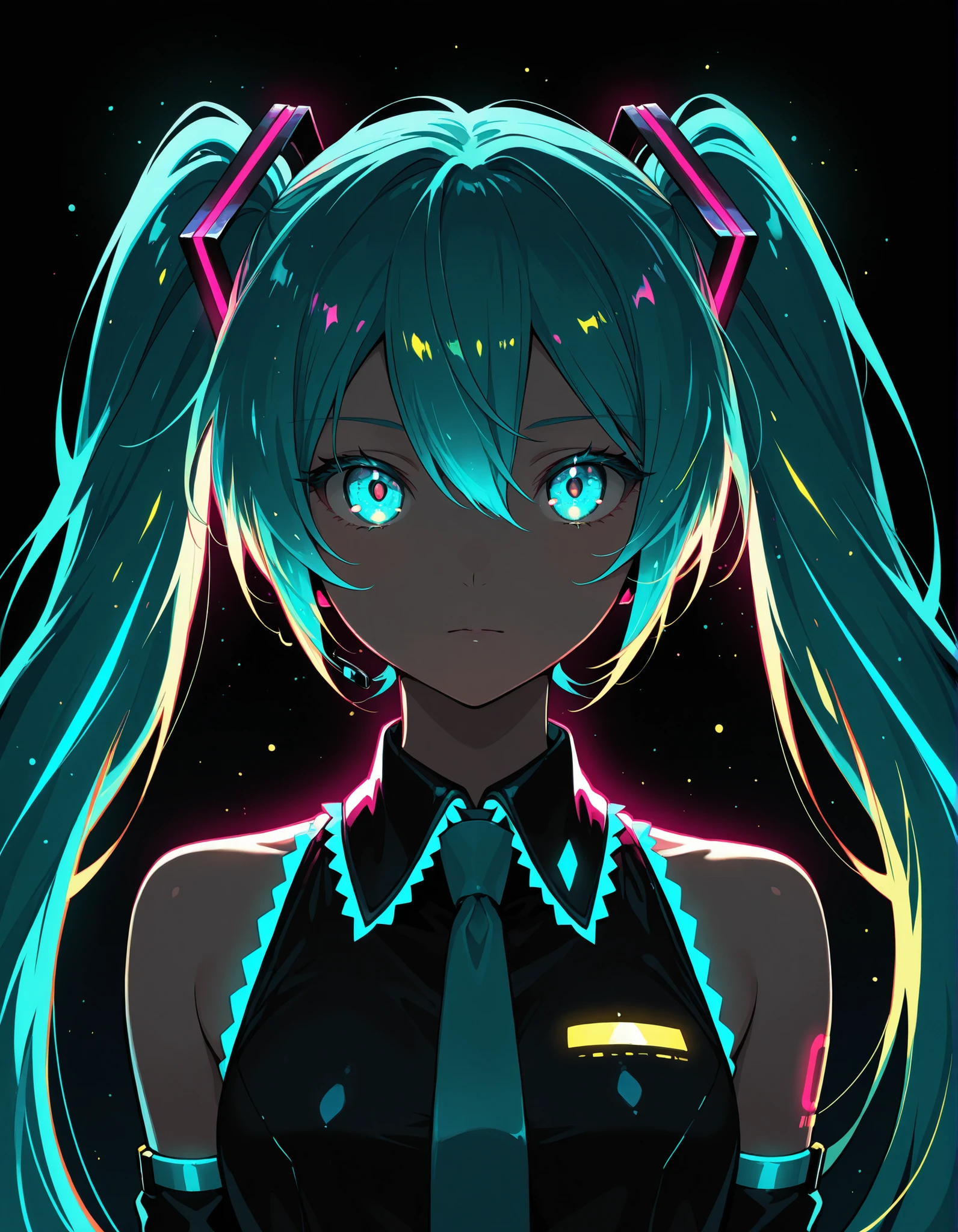 masterpiece, best quality, very aesthetic, 1girl, Hatsune Miku,limited palette,black background,colorful,vibrant,glowing outline,neon,blacklight,looking at viewer, masterpiece, very aesthetic
