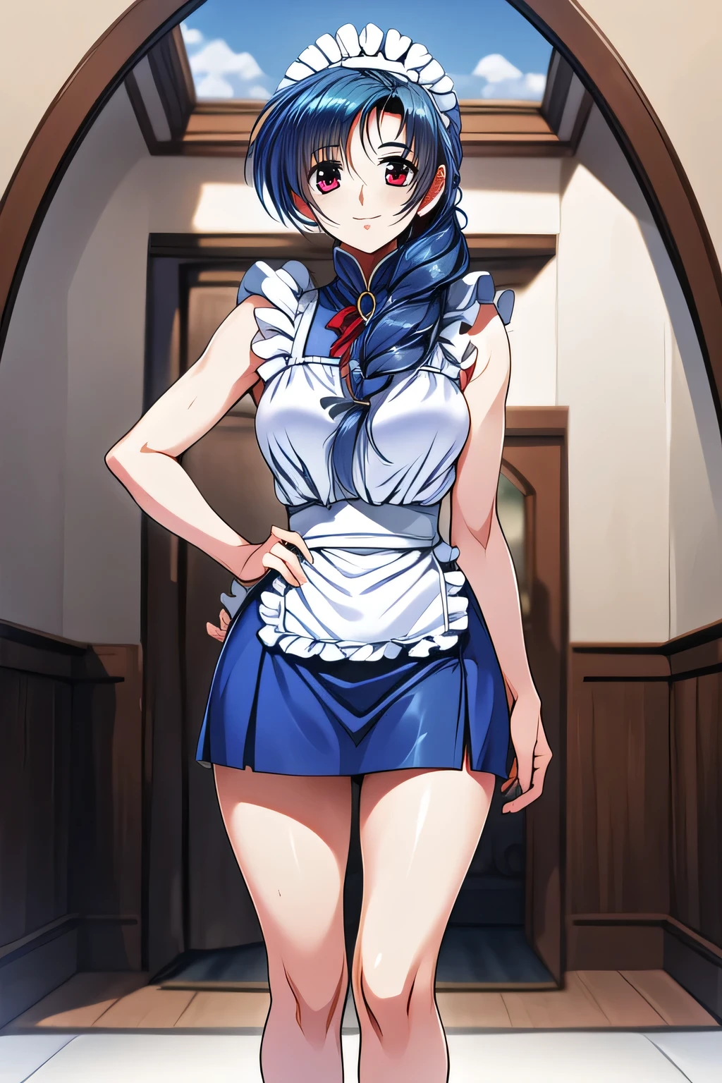 Can you draw a black miniskirt,The expression comes first, therefore、 ,Can you draw a more delicate expression,women with relaxed and gentle smiles,can you draw a more delicate expression?,(long blue hair) ,people,Can you draw a more delicate expression,Mini mini maid clothes,,I'm inside the building,Inside an old Western-style building,standing,amazing thighs ,Beautiful legs, ,naked eyed woman,