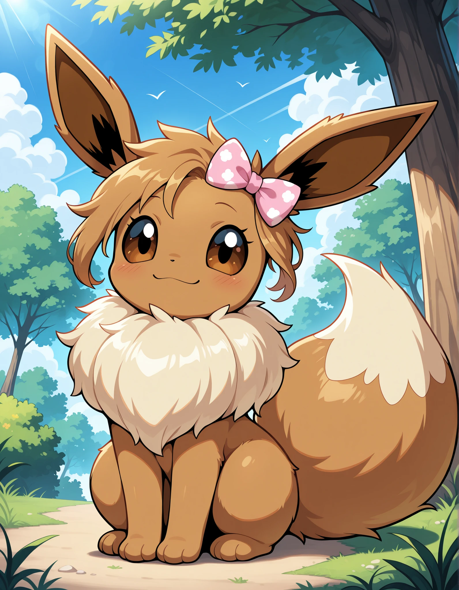 masterpiece, best quality, very aesthetic,, pokekid, eevee, fluffy girl, furry girl, female, smile, smiling, has a big pretty bow in her hair, has animal paws for hands, 1girl, best quality, outdoors, high definition, cute
