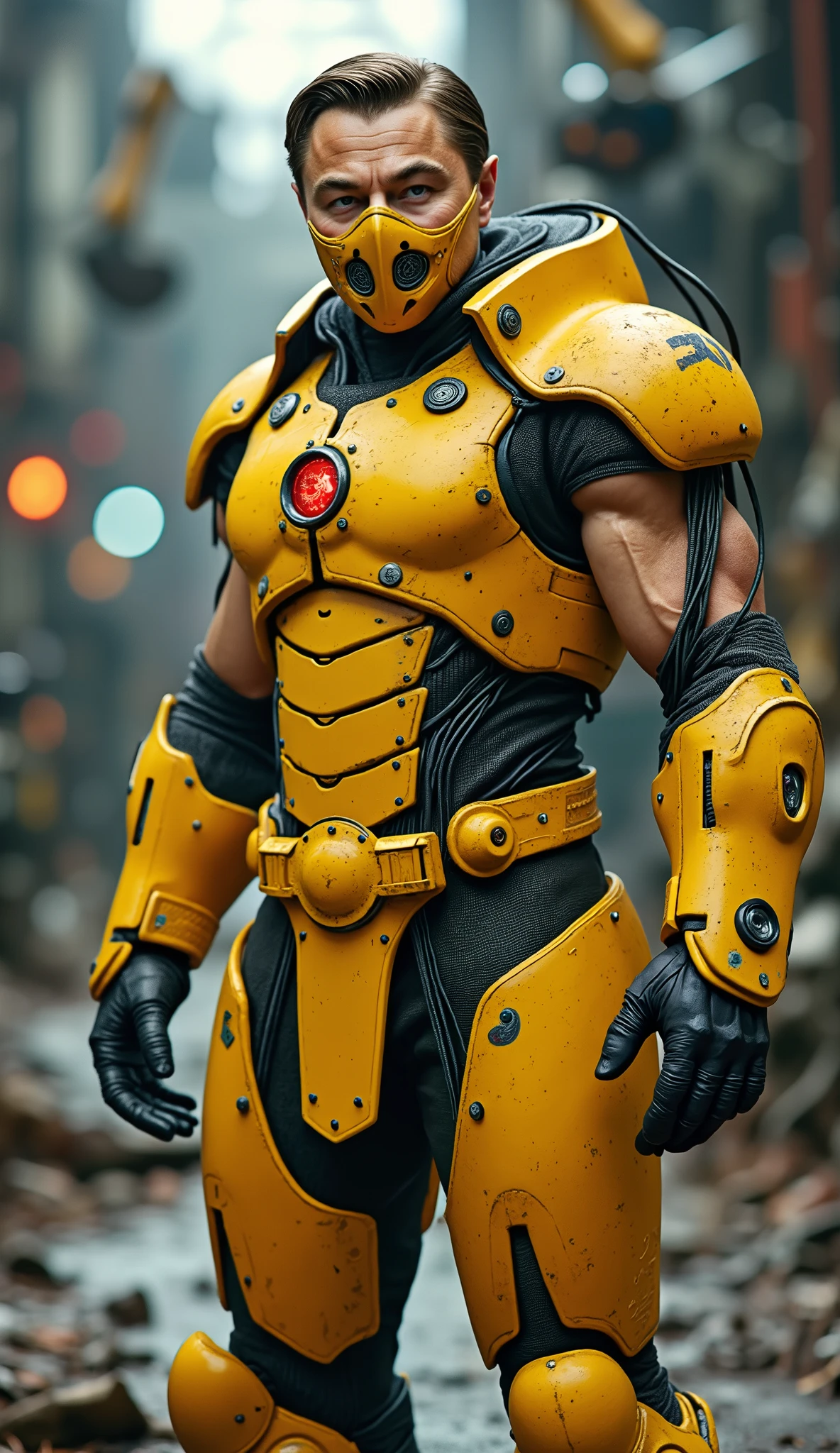 Leonardo DiCaprio como Cyrax de mortal kombat in full metallic yellow mech armor, glowing red sensor eyes, ultra-realistic cybernetic textures, wires and steam details, mechanical jaw mask, 4K cinematic shot, background: high-tech assembly factory with robotic arms and mist.