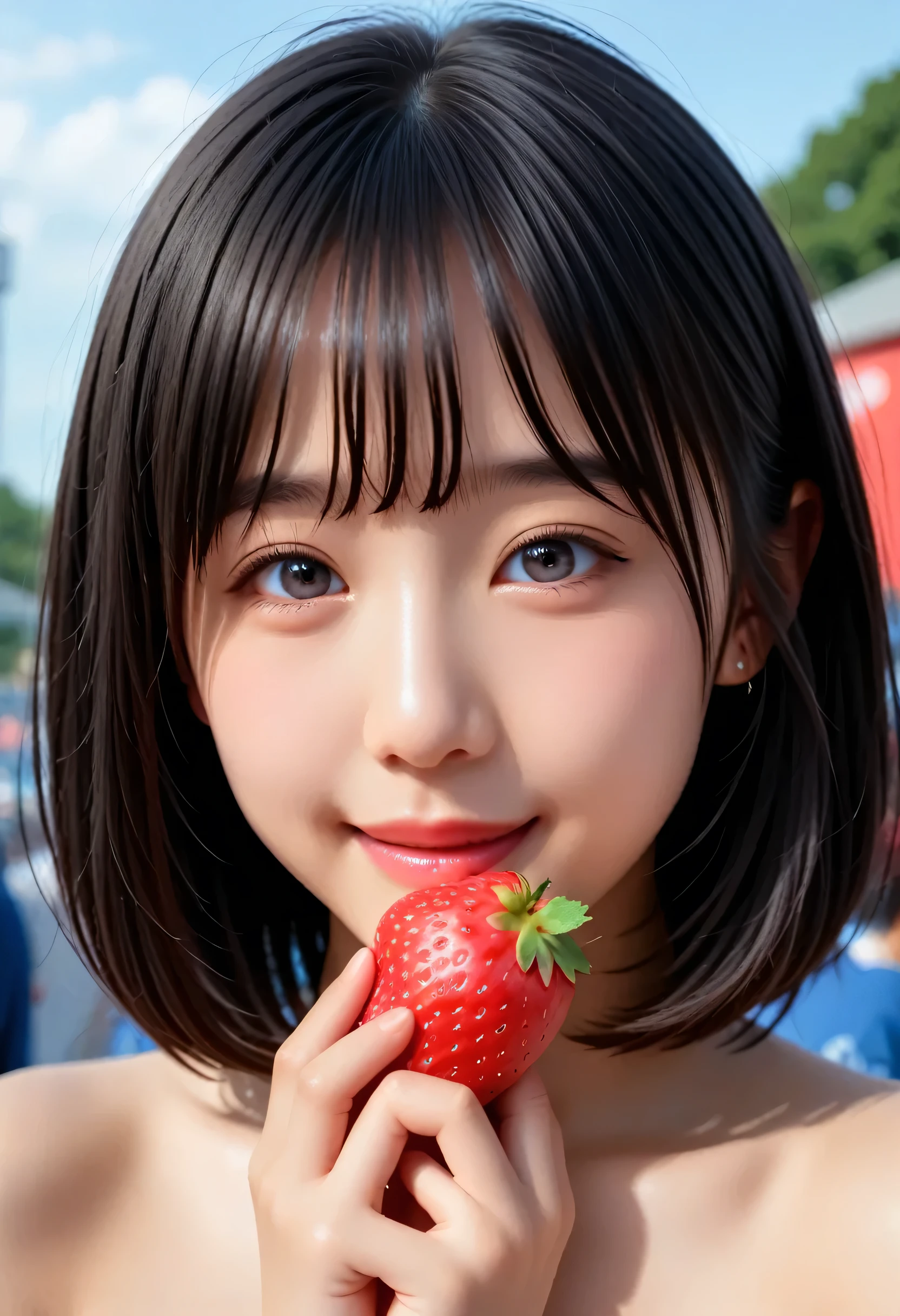 (very detailed}, , {Highest Quality}, {Ultra High Definition}, {highest resolution}, {{{sharp focus:pupil:2.0}}, {{16 kg}}, {{Realistic and beautiful portrait of a Japanese high school student with a fluffy silhouette and ruffled miniskirt: 2.0}}}, ((bust up:2.0))), {{Happy Smile: 2.0}}, {Detailed facial expression}}, {{detailed eye description, Big eyes with double eyelids}}, {Thick Lips:lipstick}, (black hair:1.6),{{{{Black student}}}, {Realistic and beautiful portrait of a naked high school girl: 18 years old: white skin: chest}}, {{Beautiful, radiant skin: My skin is white:2.0}}, {{Strawberries in hand, Japanese people eat }}, ((())), {Very Stunning, depth of field photo}}, {{{Bob hair cropped bang:Home Cut:bang}}}, {{viewers}},