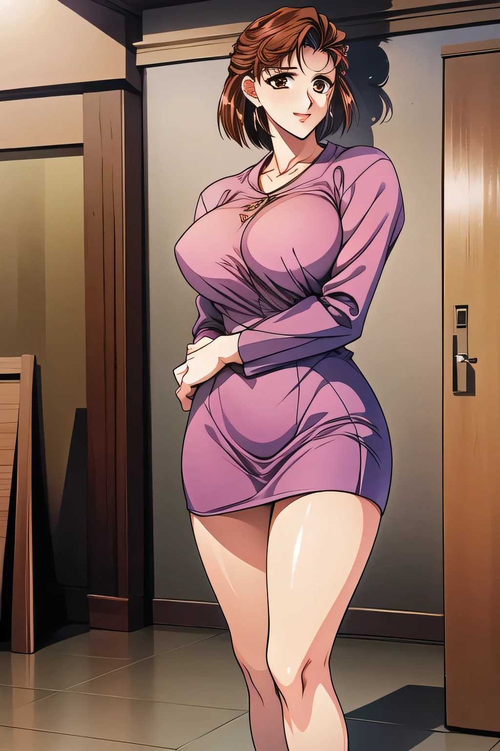 Please draw a smiling woman，can I draw her in black lingerie，Woman changing clothes,where she opens her legs defenseless，Beautiful legs， ，,can you draw more delicate expressions, therefore、 ，Where she opens her legs defenseless??，peopleのリラックスした優しい笑顔の女性，Where she opens her legs defenseless???，（brown hair short hair）  ,people,Where she opens her legs defenseless??，，,I'm inside the building,Inside an old Western-style building，standing，amazing thighs，naked eyed woman，，開脚してstanding，amazing thighs ，Beautiful legs，Can I draw huge breasts even with big breasts，