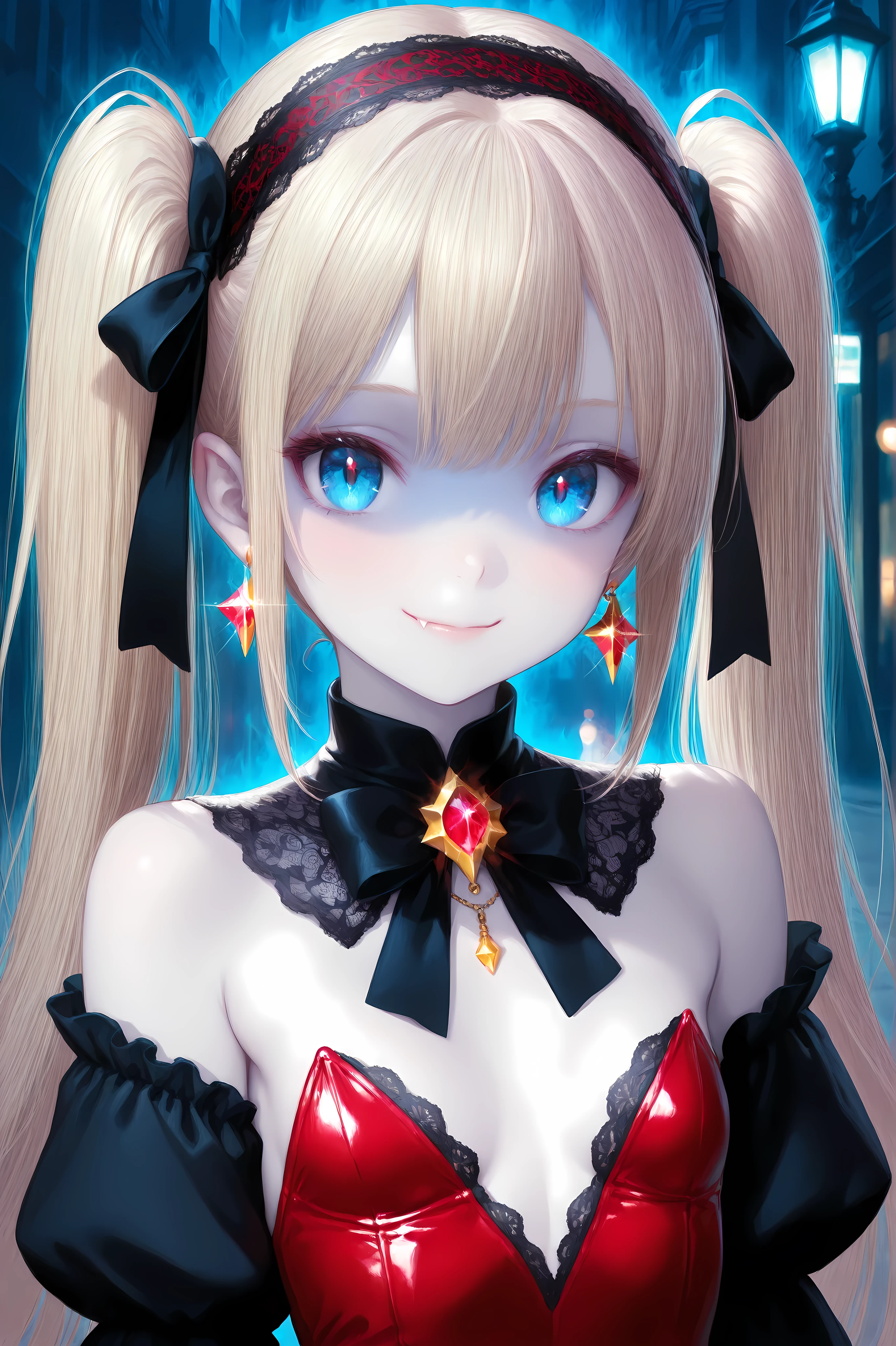 masterpiece, best quality, 1 girl, vampire, 13yo appearance, petite build, ghostly pale skin, extremely long platinum blonde hair in half-up pigtails with lace hairband, large innocent blue eyes, slight sadistic smile, vibrant red décolleté dress with black trimming, prominent black chest bow, open shoulder design, no visible bra string, detached black puffy sleeves, sparkling ruby earrings, chest-up close-up, subtle gothic aura, soft streetlights illumination, blurred urban street background, anime style