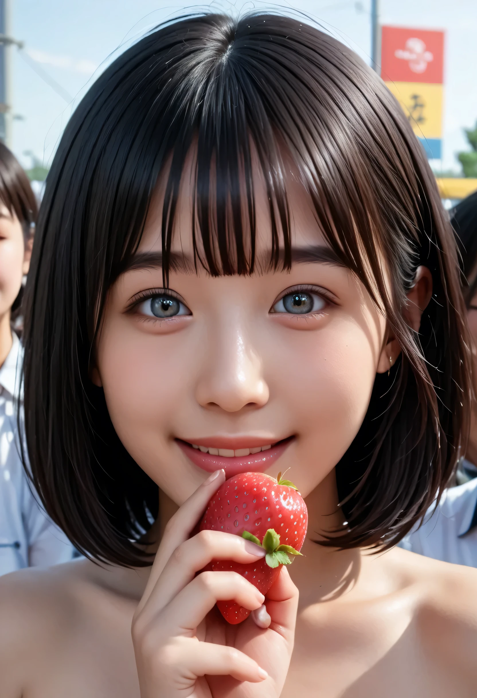 (very detailed}, , {Highest Quality}, {Ultra High Definition}, {highest resolution}, {{{sharp focus:pupil:2.0}}, {{16 kg}}, {{Realistic and beautiful portrait of a Japanese high school student with a fluffy silhouette and ruffled miniskirt: 2.0}}}, ((bust up:2.0))), {{Happy Smile: 2.0}}, {Detailed facial expression}}, {{detailed eye description, Big eyes with double eyelids}}, {Thick Lips:lipstick}, (black hair:1.6),{{{{Black student}}}, {Realistic and beautiful portrait of a naked high school girl: 18 years old: white skin: chest}}, {{Beautiful, radiant skin: My skin is white:2.0}}, {{Strawberries in hand, Japanese people eat }}, ((())), {Very Stunning, depth of field photo}}, {{{Bob hair cropped bang:Home Cut:bang}}}, {{viewers}},