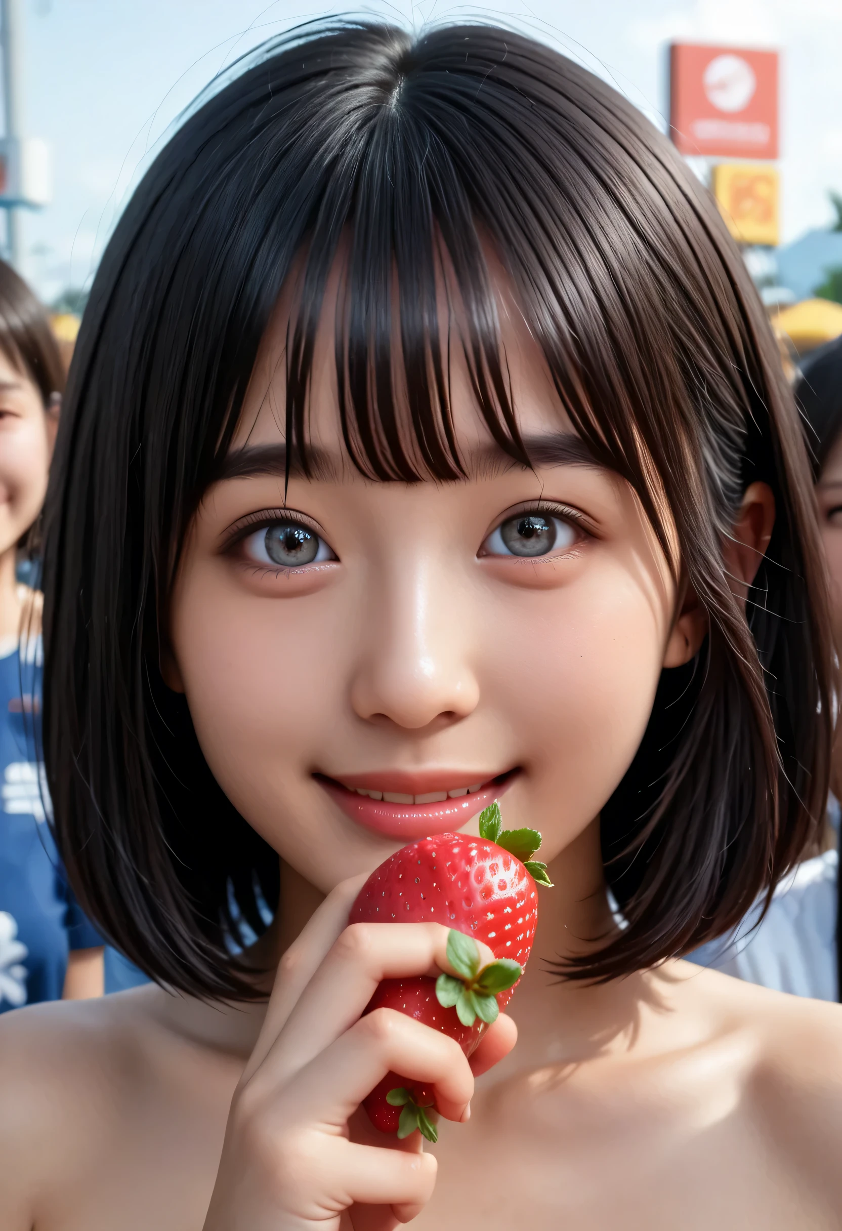 (very detailed}, , {Highest Quality}, {Ultra High Definition}, {highest resolution}, {{{sharp focus:pupil:2.0}}, {{16 kg}}, {{Realistic and beautiful portrait of a Japanese high school student with a fluffy silhouette and ruffled miniskirt: 2.0}}}, ((bust up:2.0))), {{Happy Smile: 2.0}}, {Detailed facial expression}}, {{detailed eye description, Big eyes with double eyelids}}, {Thick Lips:lipstick}, (black hair:1.6),{{{{Black student}}}, {Realistic and beautiful portrait of a naked high school girl: 18 years old: white skin: chest}}, {{Beautiful, radiant skin: My skin is white:2.0}}, {{Strawberries in hand, Japanese people eat }}, ((())), {Very Stunning, depth of field photo}}, {{{Bob hair cropped bang:Home Cut:bang}}}, {{viewers}},