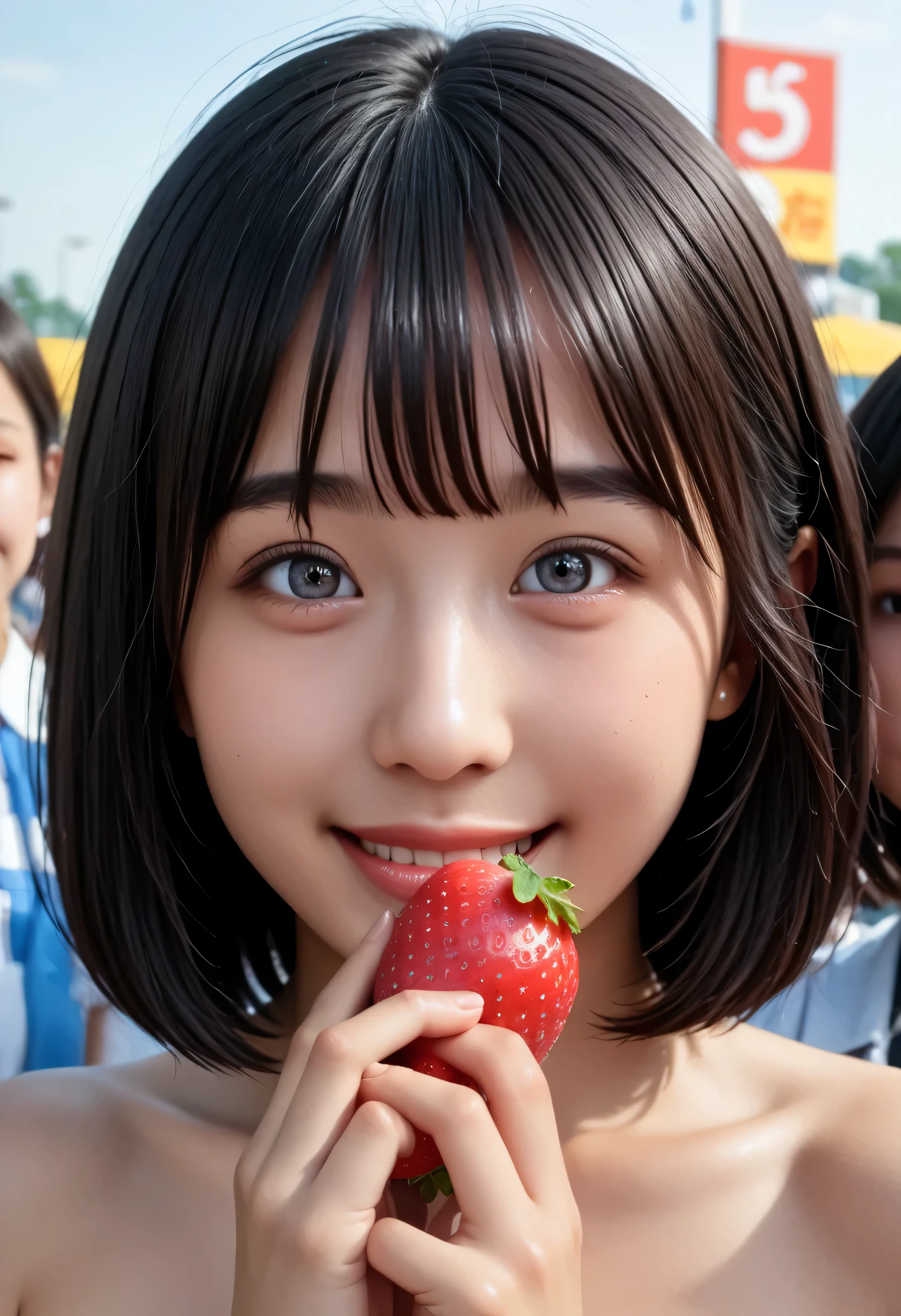 (very detailed}, , {Highest Quality}, {Ultra High Definition}, {highest resolution}, {{{sharp focus:pupil:2.0}}, {{16 kg}}, {{Realistic and beautiful portrait of a Japanese high school student with a fluffy silhouette and ruffled miniskirt: 2.0}}}, ((bust up:2.0))), {{Happy Smile: 2.0}}, {Detailed facial expression}}, {{detailed eye description, Big eyes with double eyelids}}, {Thick Lips:lipstick}, (black hair:1.6),{{{{Black student}}}, {Realistic and beautiful portrait of a naked high school girl: 18 years old: white skin: chest}}, {{Beautiful, radiant skin: My skin is white:2.0}}, {{Strawberries in hand, Japanese people eat }}, ((())), {Very Stunning, depth of field photo}}, {{{Bob hair cropped bang:Home Cut:bang}}}, {{viewers}},