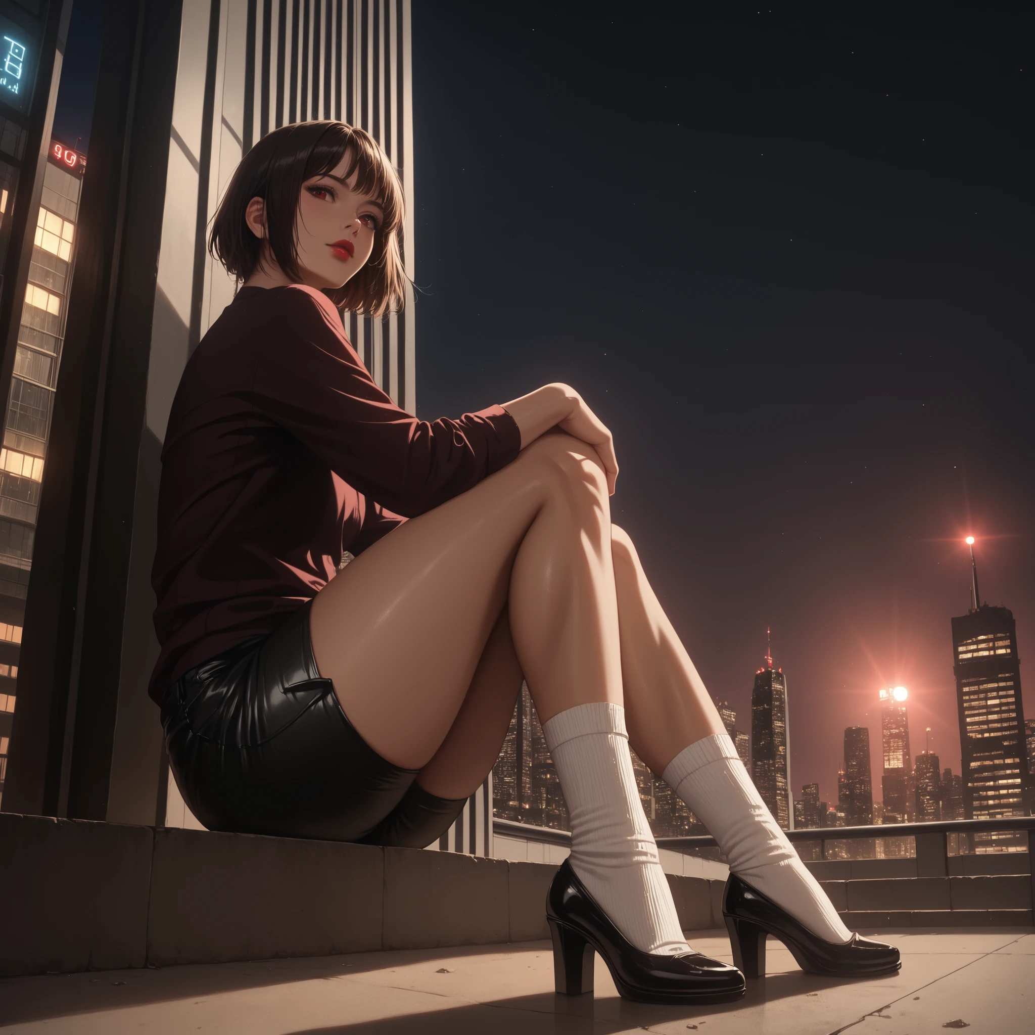 (masterpiece:1.2), (best quality:1.2), (highres:1.3), 16k, UHD, absurd, ultra-detailed, expressive, full body, full shot, full figure, dynamic angle, amazing quality, very beautiful, illustration, latest, scenery, (realistic skin), (detailed shading), (detailed skin), anatomically correct, red lips, short black bob haircut, red eyes, young woman sitting on the ledge of a tall building at night, urban skyline below with blurred passing cars, moody night lighting, black blouse, black shorts, long socks, stylish shoes, wind in her hair, cinematic atmosphere, subtle glow from city lights, soft shadows, shot from behind, over-the-shoulder glance toward the viewer, confident expression, dramatic perspective, glowing reflections, thick, sitting, ledge, thick thighs, 
