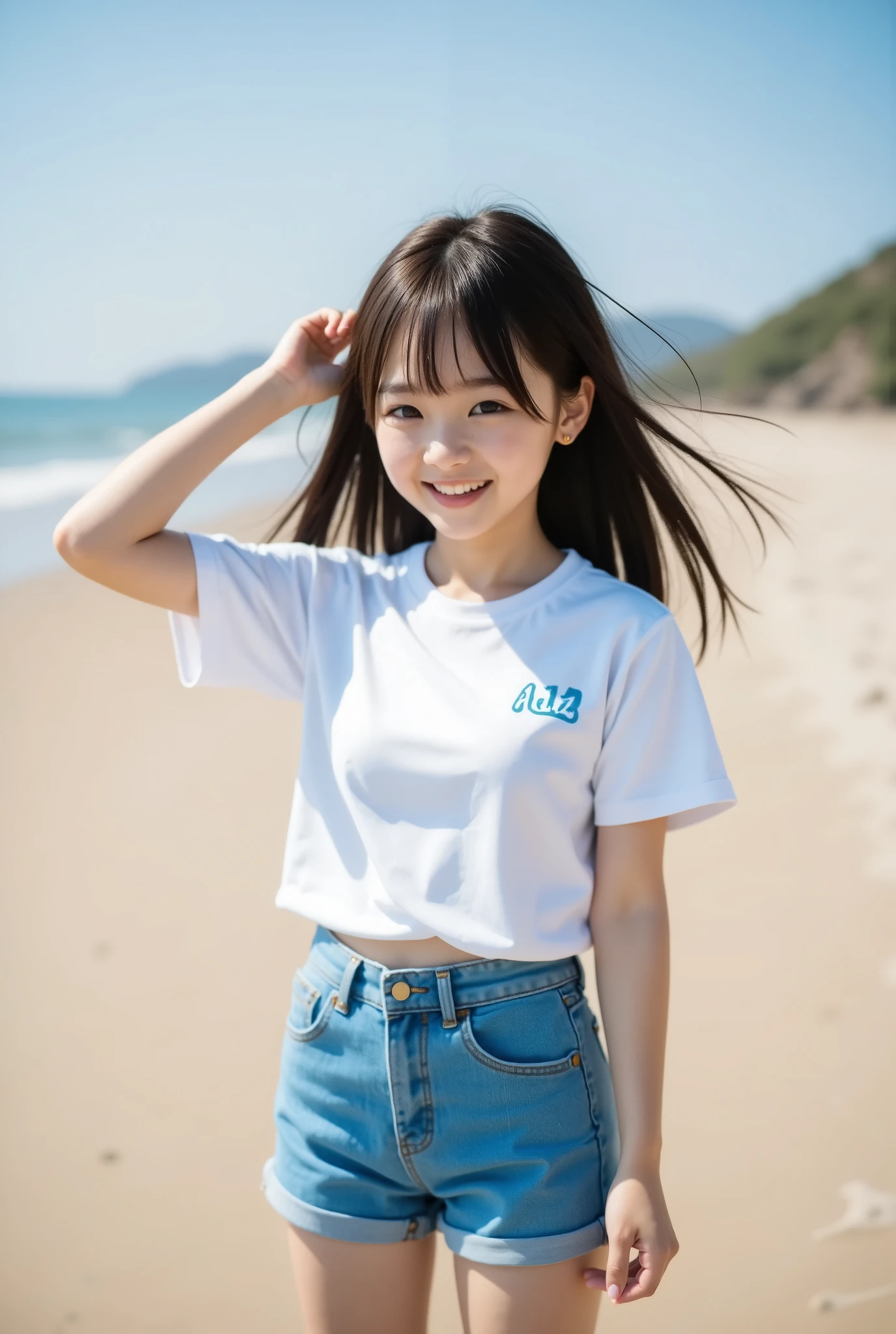 highest quality, masterpiece, 8k, highest resolution, very cute japanese girl、cutest girl in japan, very young, junior idol, long hair, white t-shirt, denim shorts、outdoor、realistic、Full Body, sandy beach、laughing, open mouth, short legs
